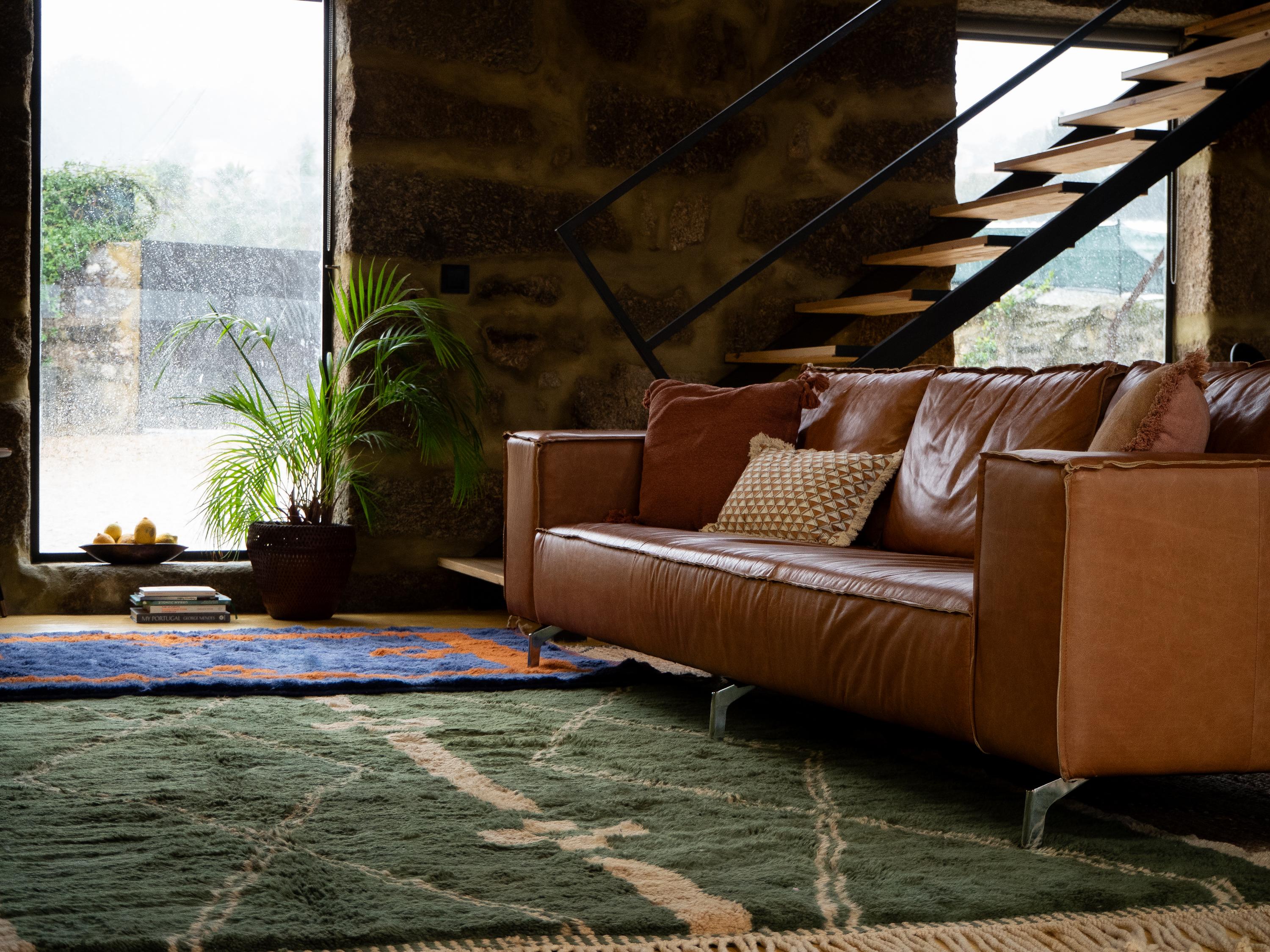 Hand-Crafted Moroccan Beni Mrirt rug 8’x14’, Tribal Pattern Green Color rug, Custom-Made For Sale