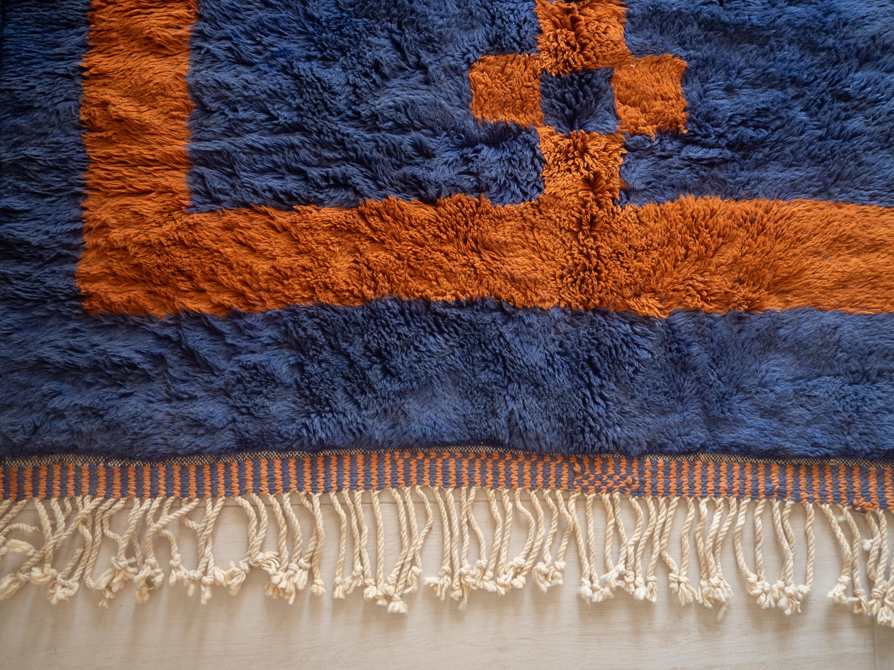 Mid-Century Modern Moroccan Beni Mrirt rug 9’x12’, Deep Blue Color Red Crosses Pattern, Custom-Made For Sale
