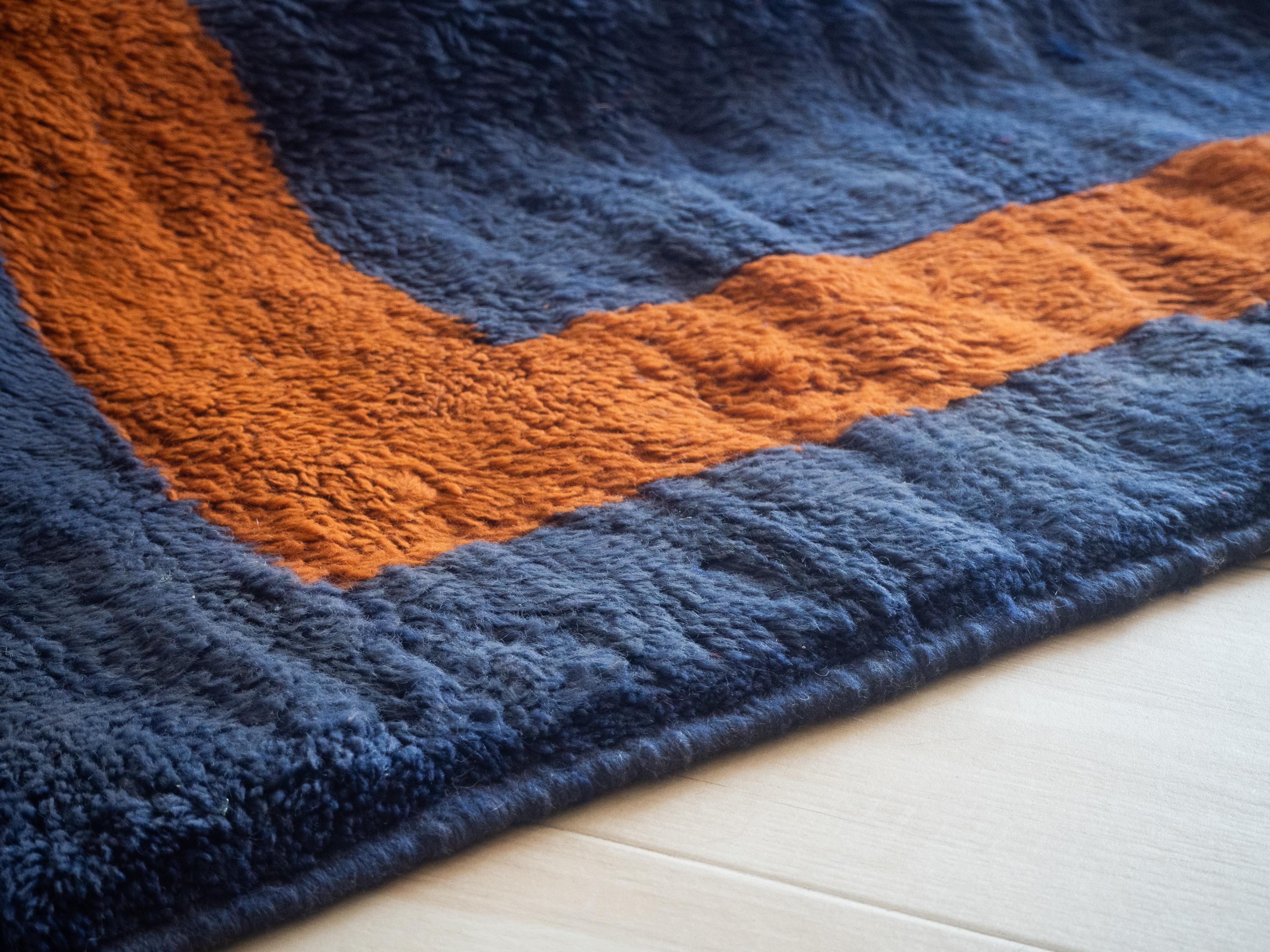 Wool Moroccan Beni Mrirt rug 9’x12’, Deep Blue Color Red Crosses Pattern, Custom-Made For Sale