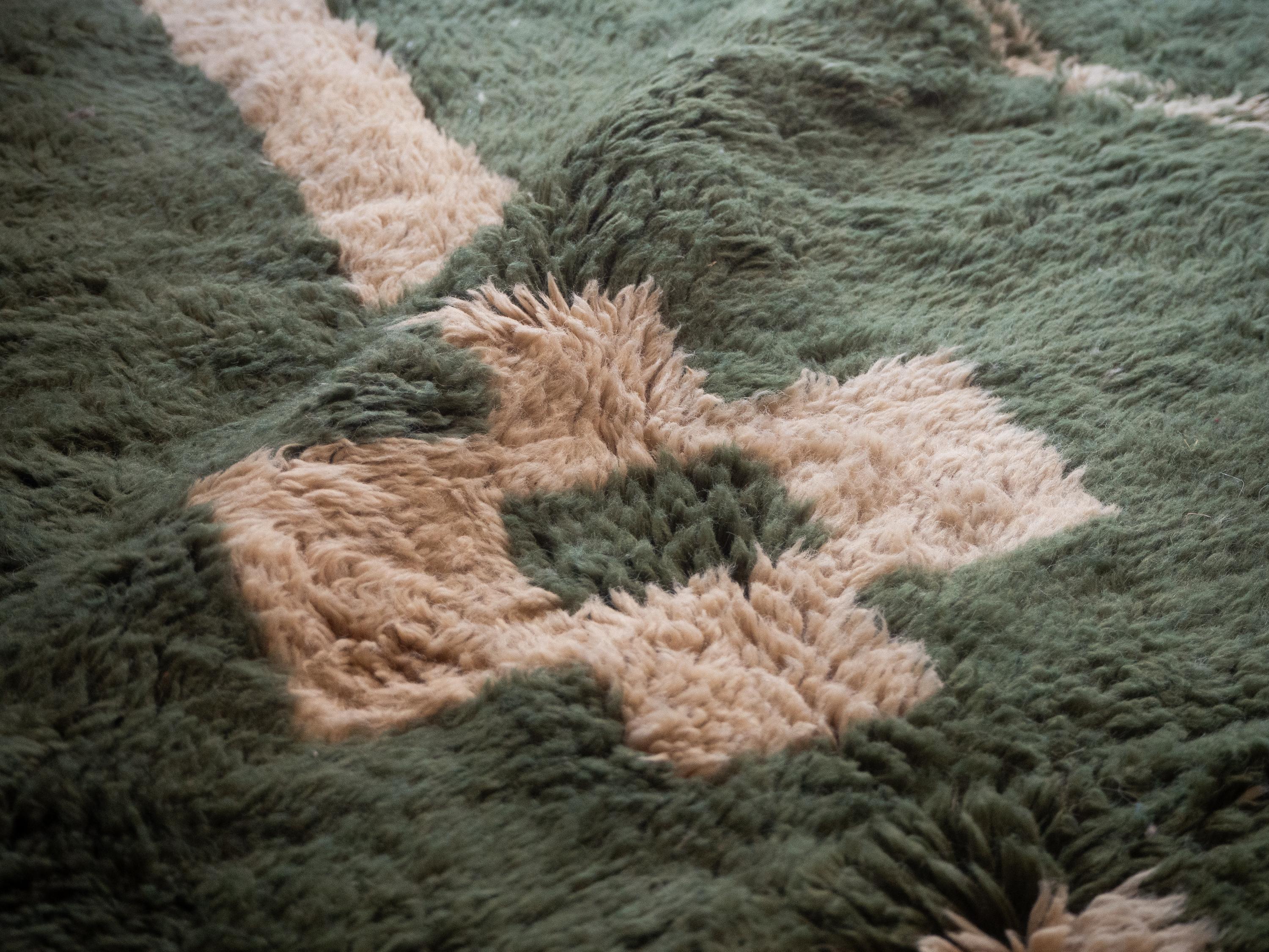 Fait main Tapis marocain Beni Mrirt 9'x12', motif tribal tapis de couleur vert shag, fait sur mesure en vente