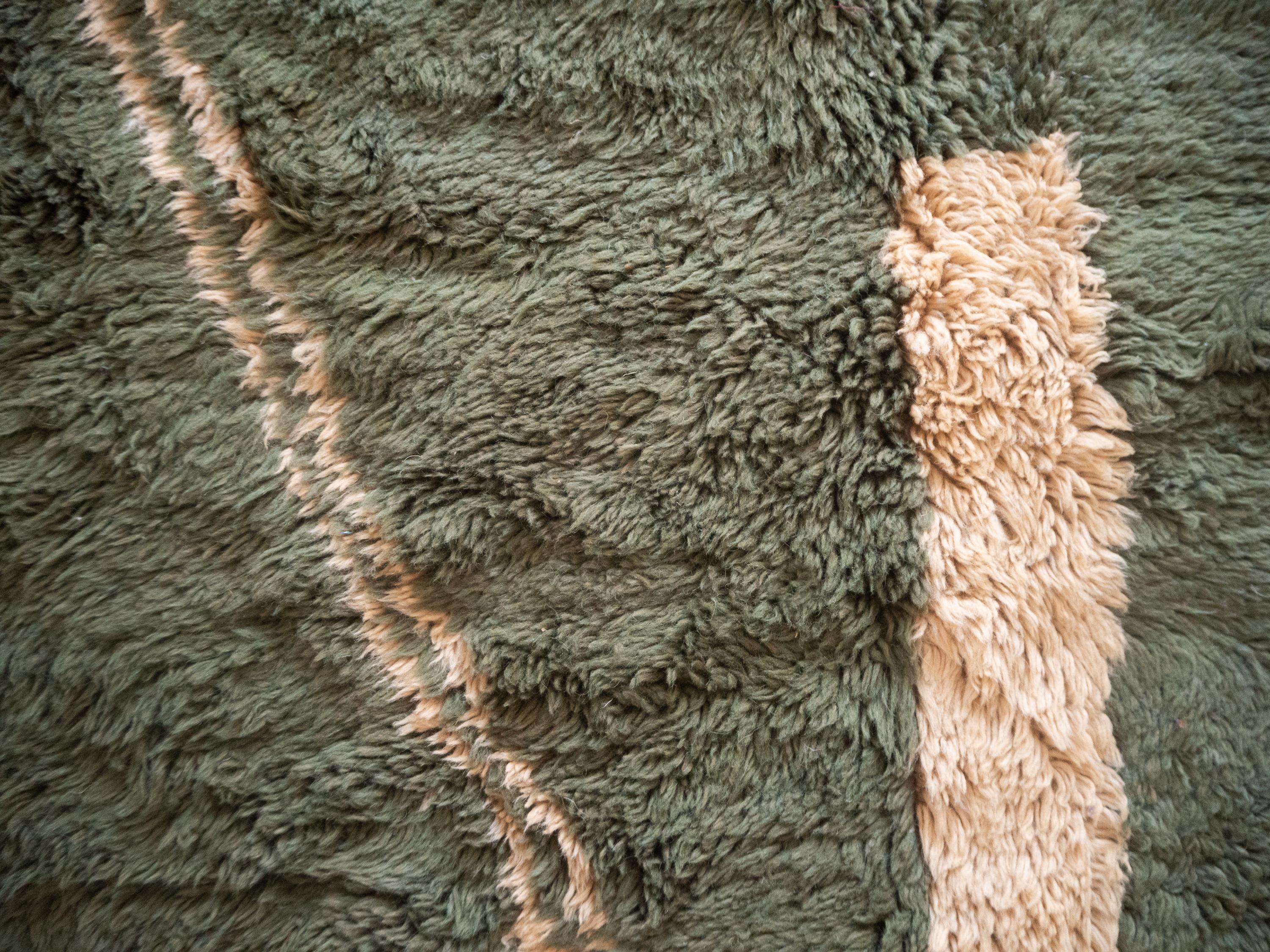 Wool Moroccan Beni Mrirt rug 9’x12’, Tribal Pattern Green Shag Color rug, Custom-Made For Sale