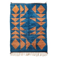 Moroccan Beni Mrirt rug, Deep Blue Color Rug, Biege Triangles Pattern, In Stock