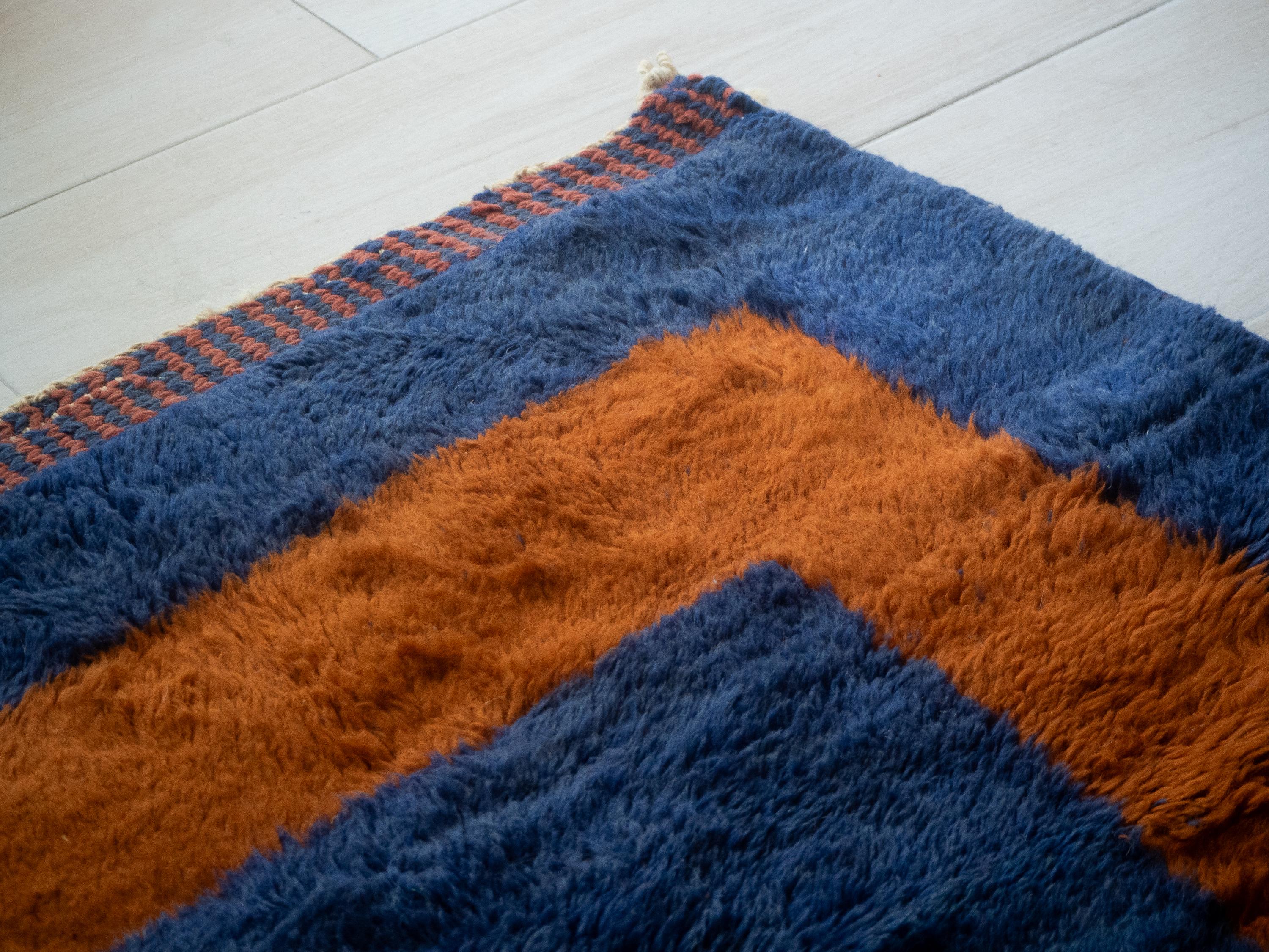 Moroccan Beni Mrirt rug, Deep Blue Color Rug, Red Crosses Pattern, In Stock For Sale 1