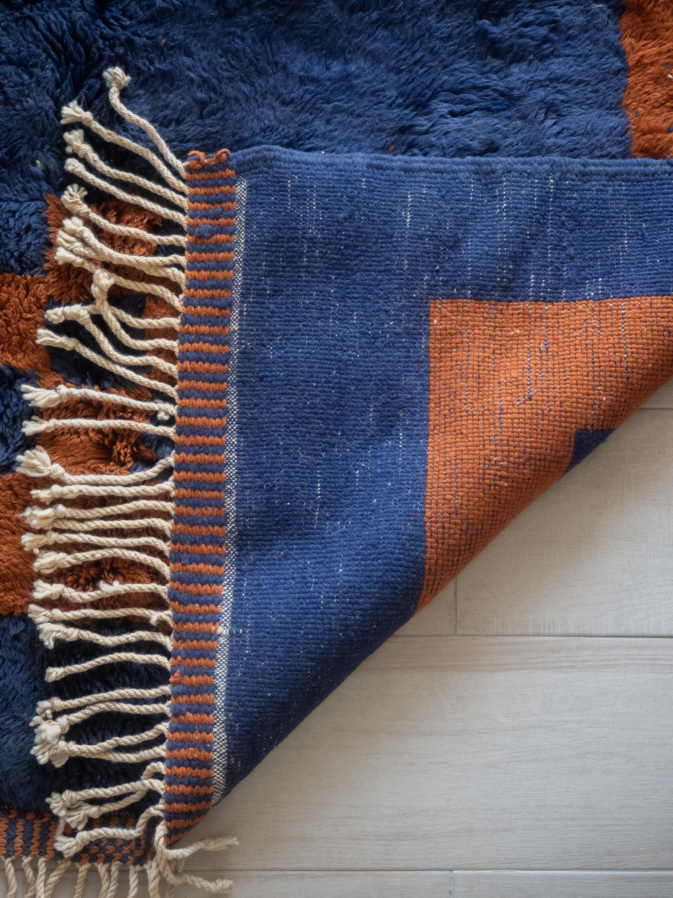 Moroccan Beni Mrirt rug, Deep Blue Color Rug, Red Crosses Pattern, In Stock For Sale 2