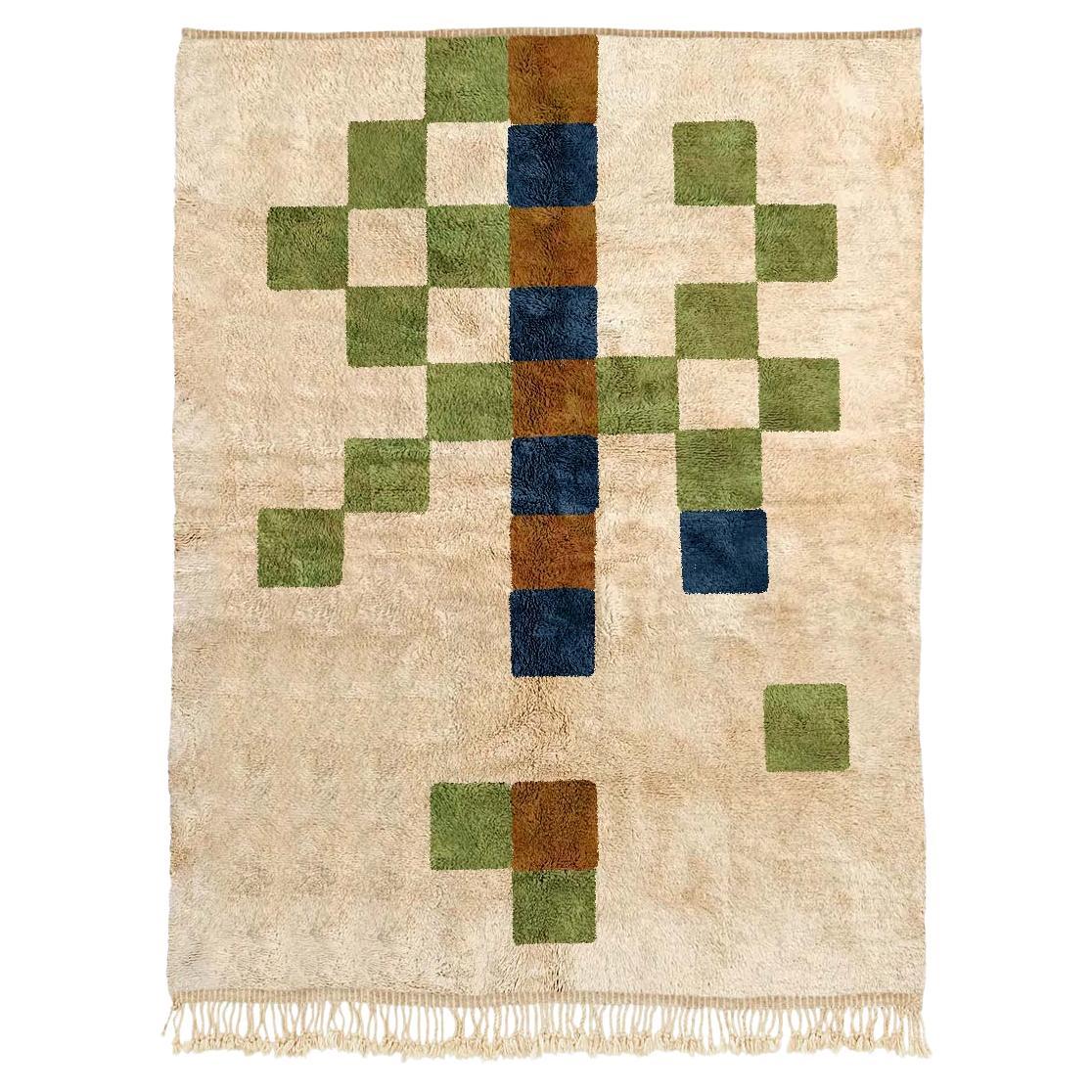 Moroccan Beni Mrirt rug, Modern Chess Pattern Sage Color rug, Custom-made For Sale