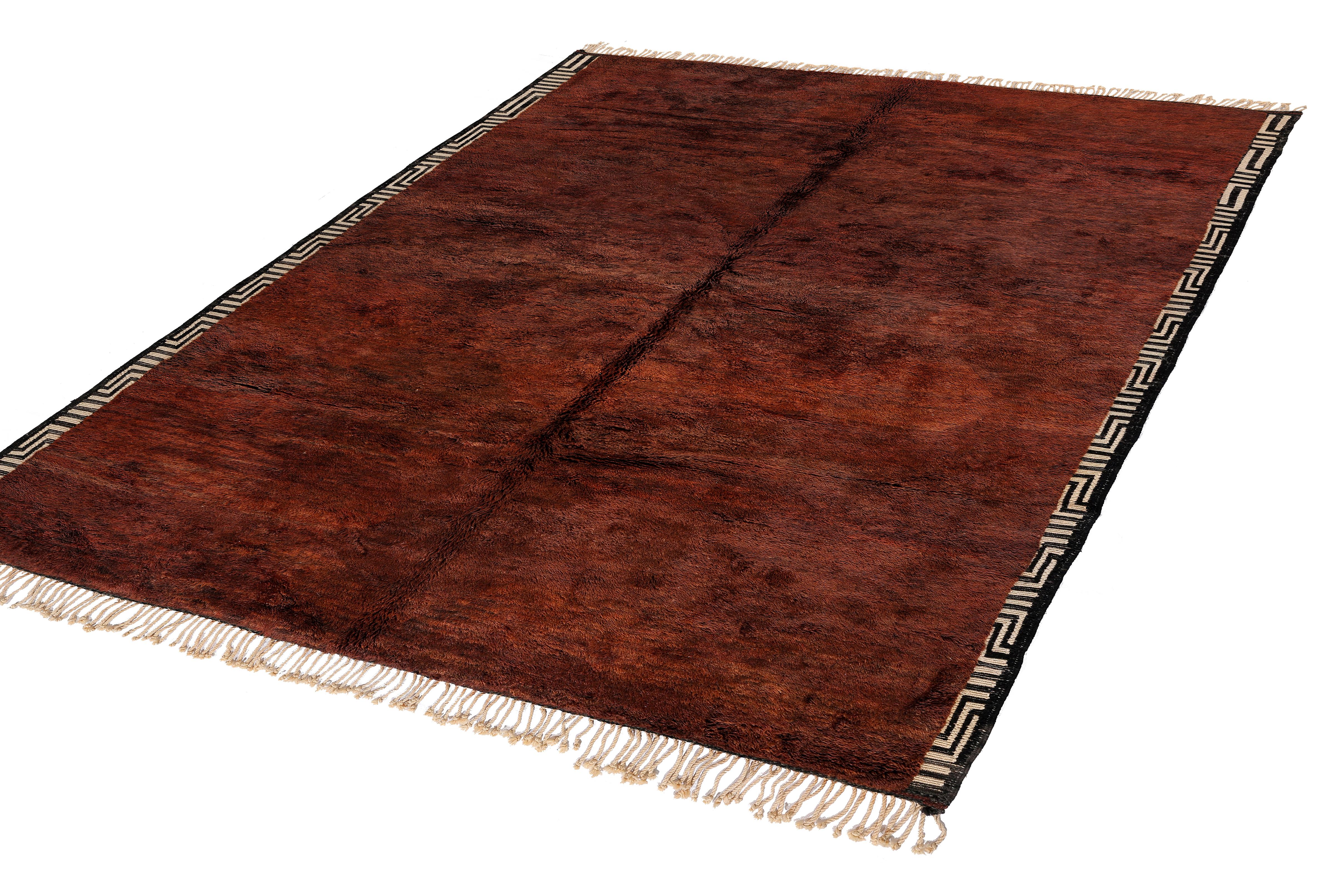 Alfombra marroquí Beni Mrirt - Lana terracota con motivo de bordes tribales Anudado a mano en venta