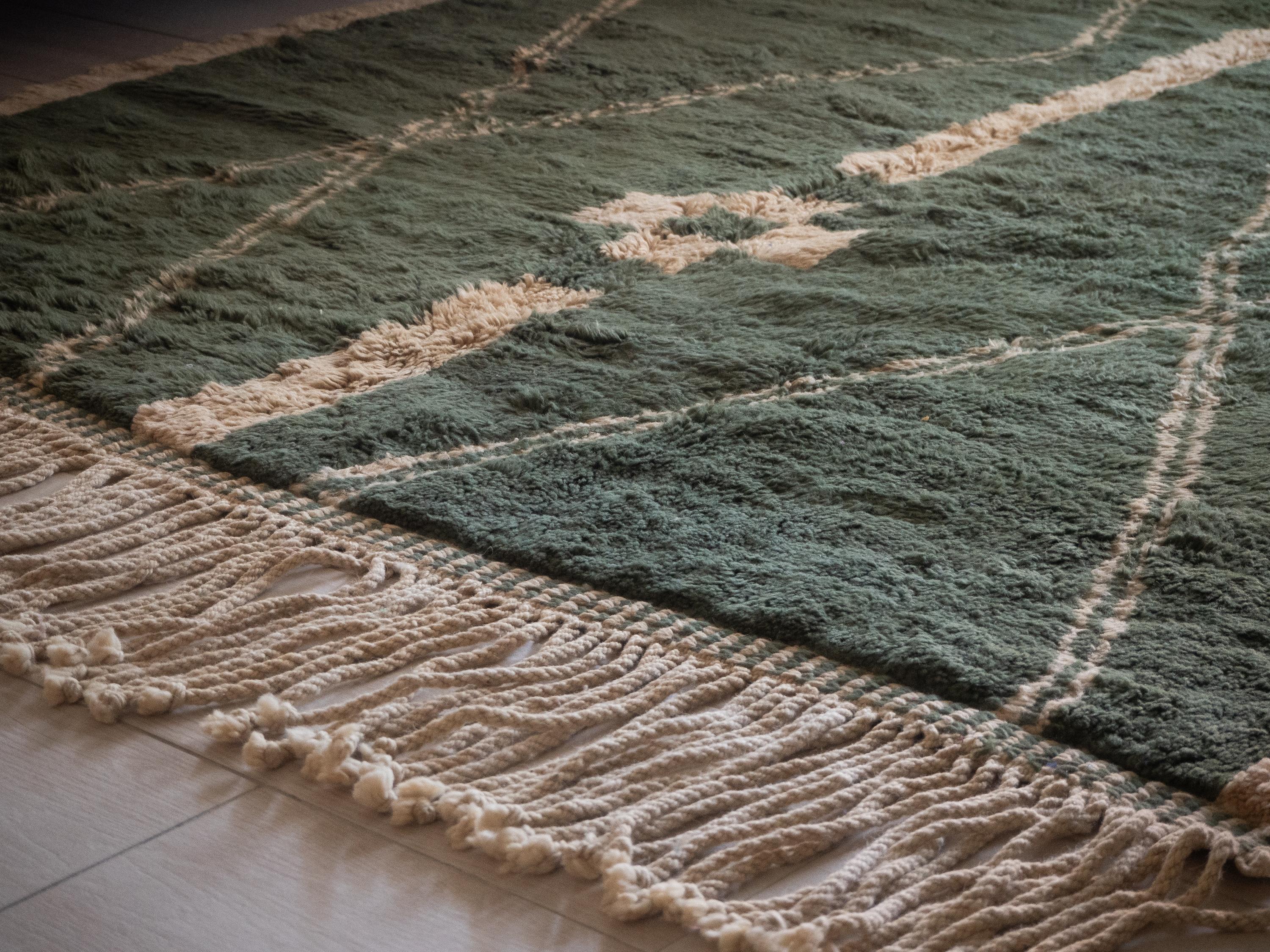 Hand-Crafted Moroccan Beni Mrirt rug, Tribal Pattern Green Color Berber rug, Custom-made For Sale