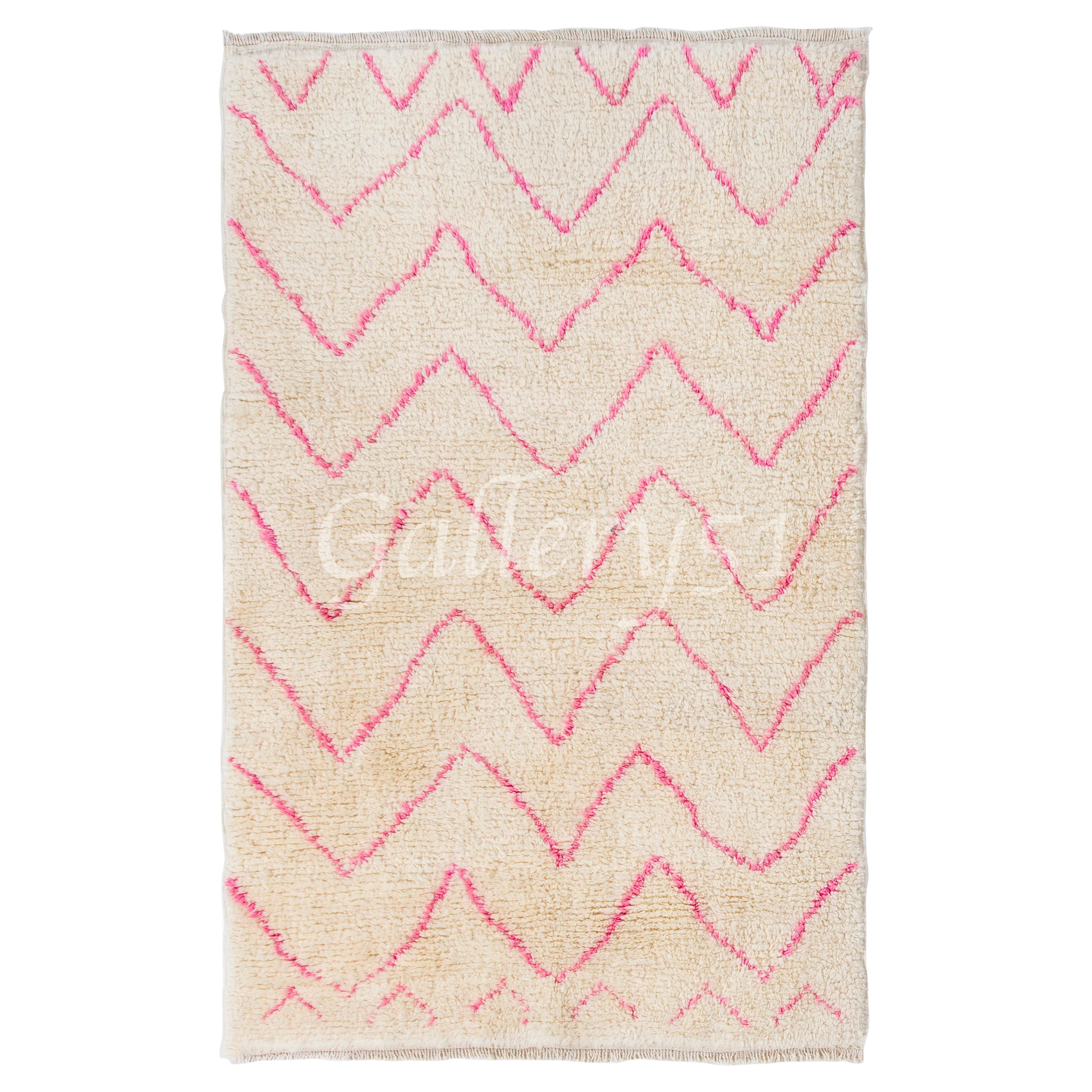 Moroccan Beni Ourain Wool Rug in Pink & Cream Colors, Custom Options Available For Sale