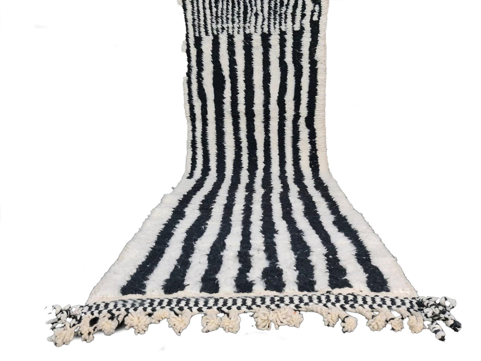Wool Moroccan Beniourain Black and White Striped Runner For Sale