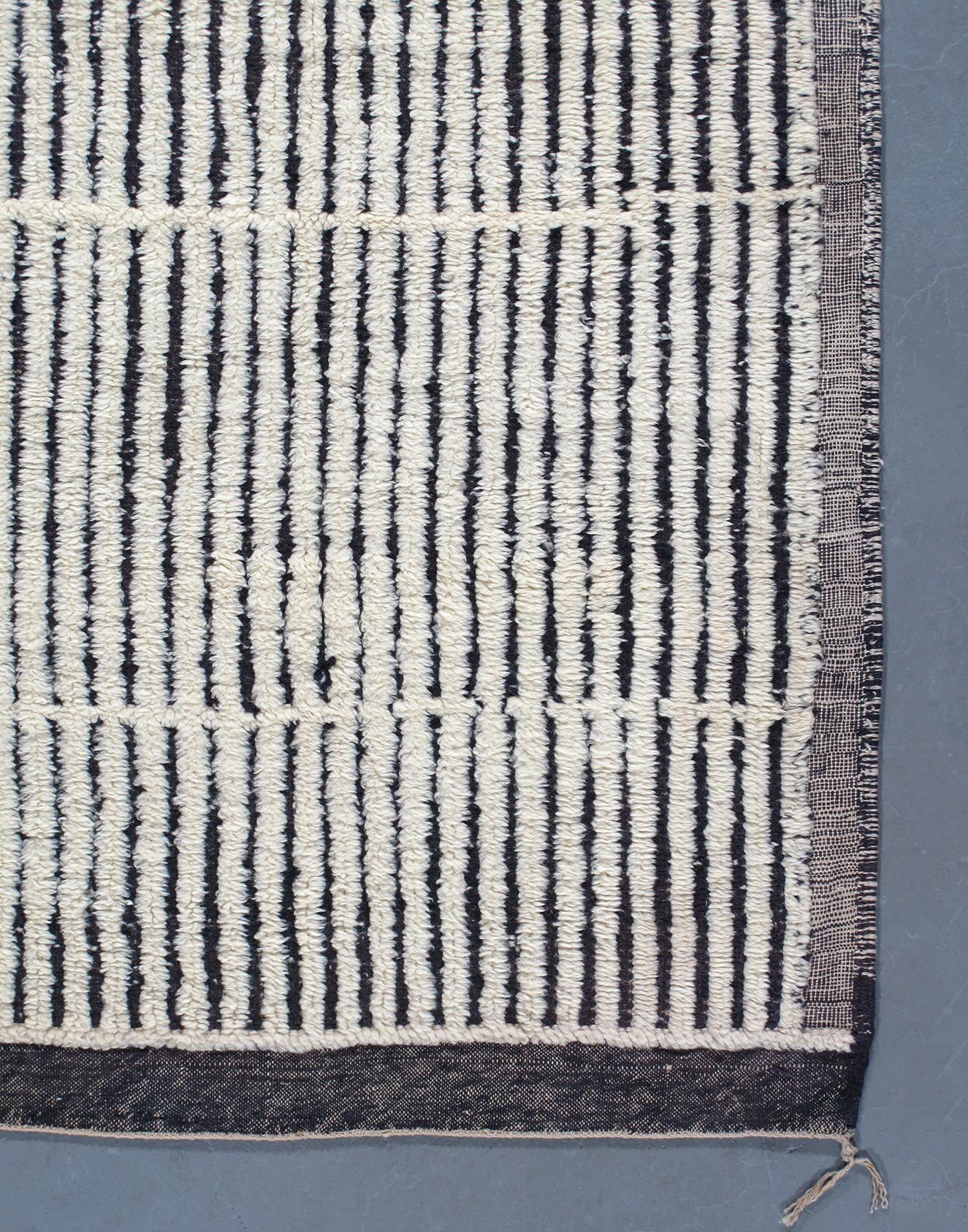Contemporary Moroccan Berber Hand-Knotted Rug with Grey, Charcoal and Ivory Stripes For Sale