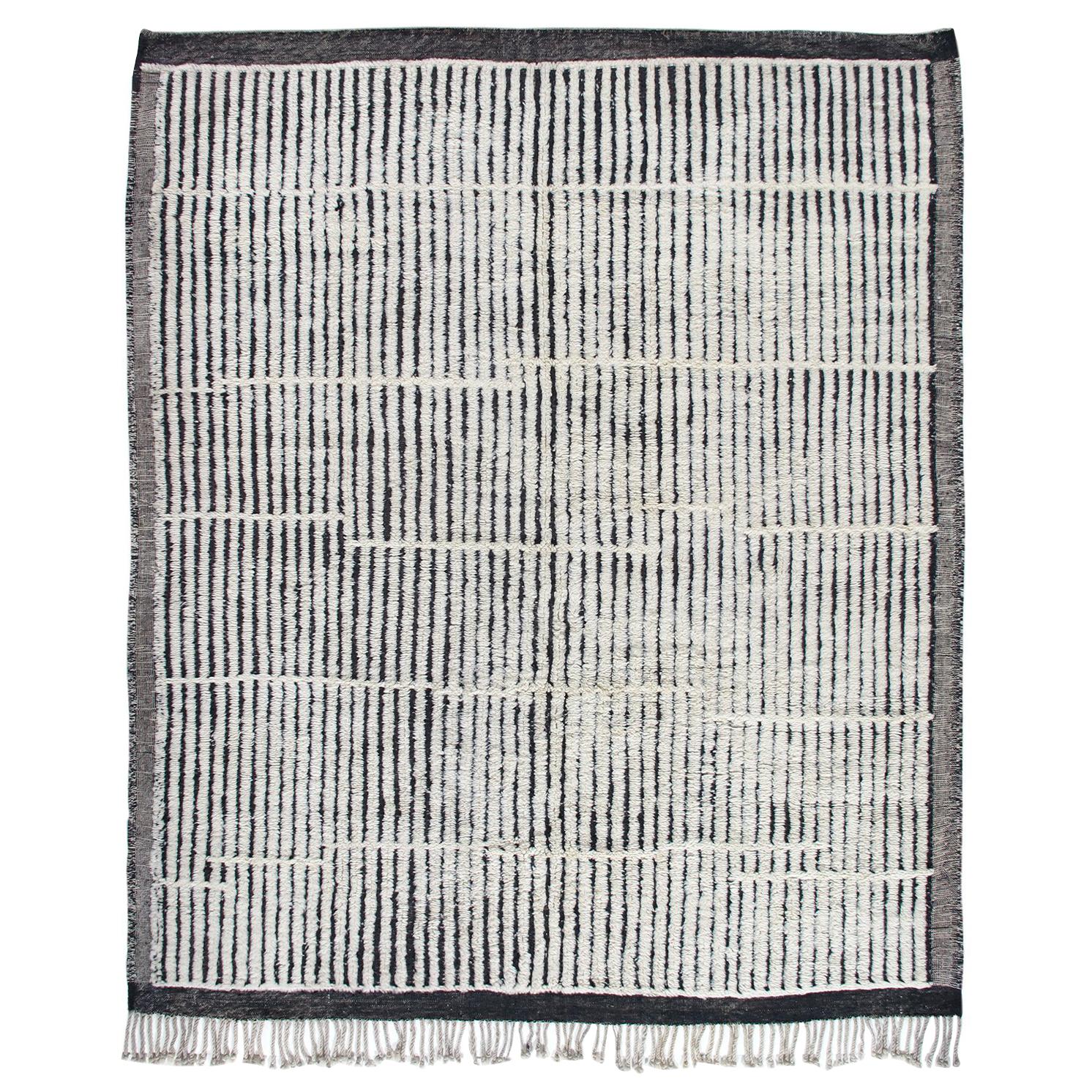 Moroccan Berber Hand-Knotted Rug with Grey, Charcoal and Ivory Stripes For Sale