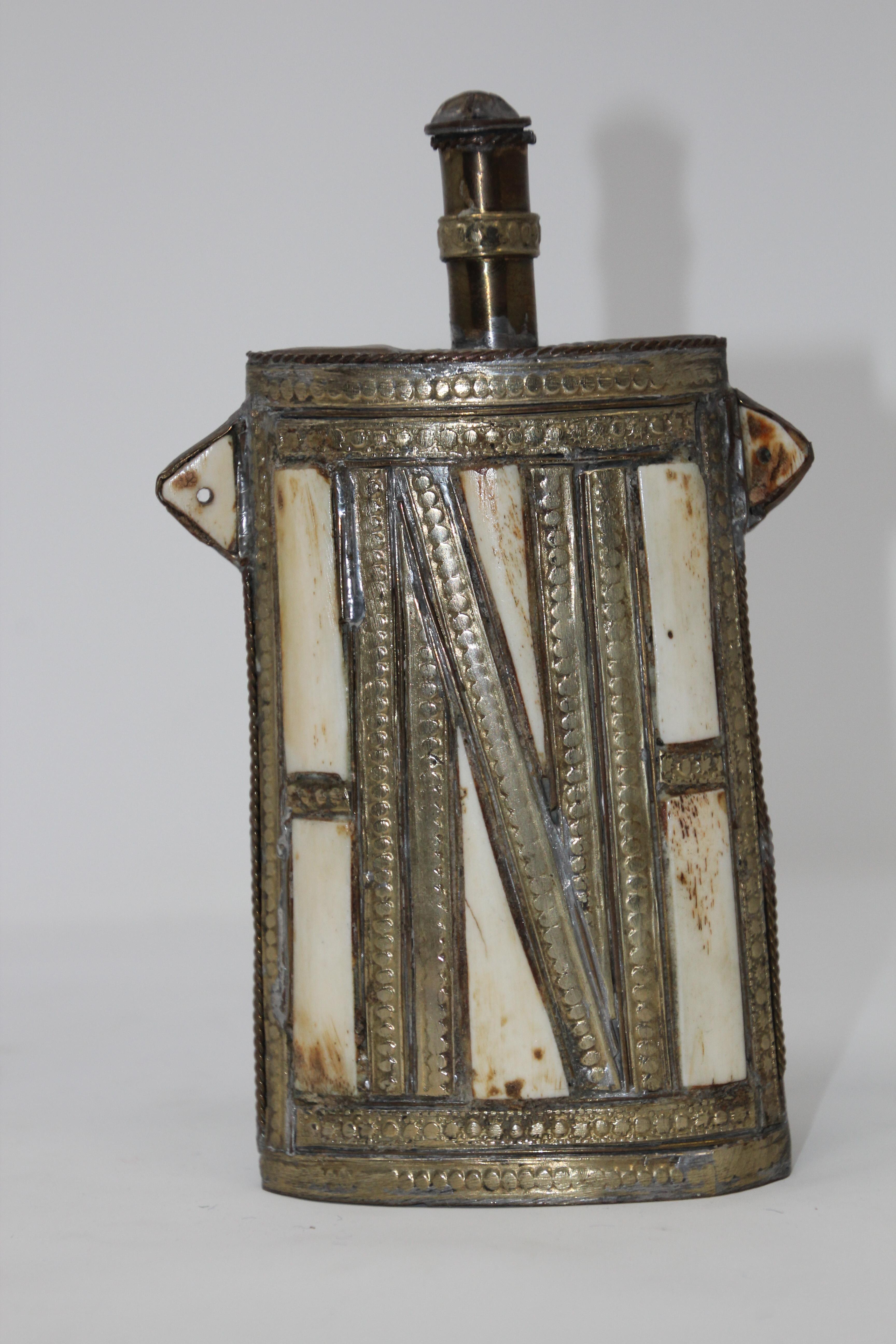 Brass Moroccan Berber Tuareg Metal Tribal Flask Overlay For Sale