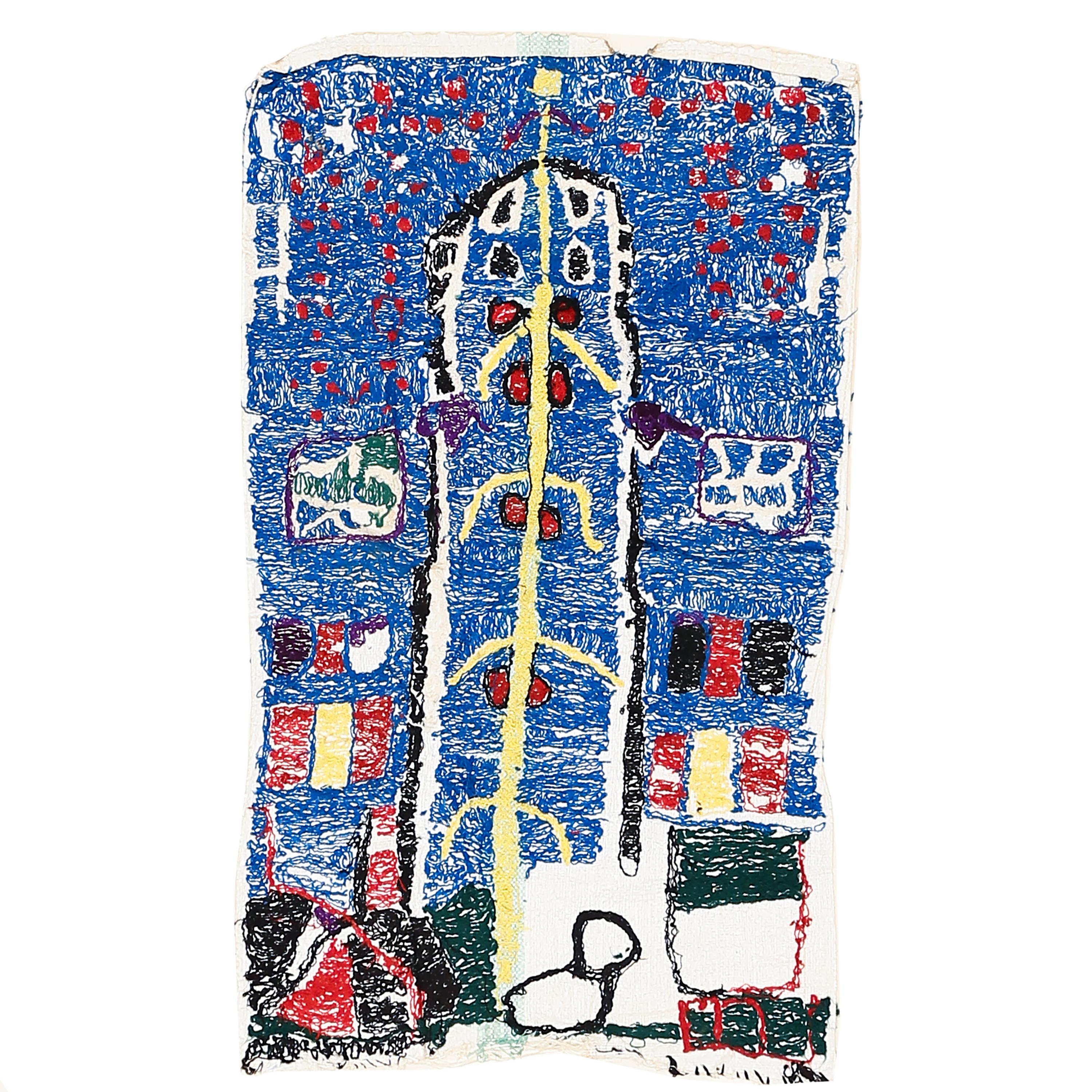 A rare and unusual Moroccan rug woven in the hooked technique using recycled industrial fibres on a plastic foundation. The directional character of the abstract pattern, which seem to indicate a curved central niche containing a tree-like form,