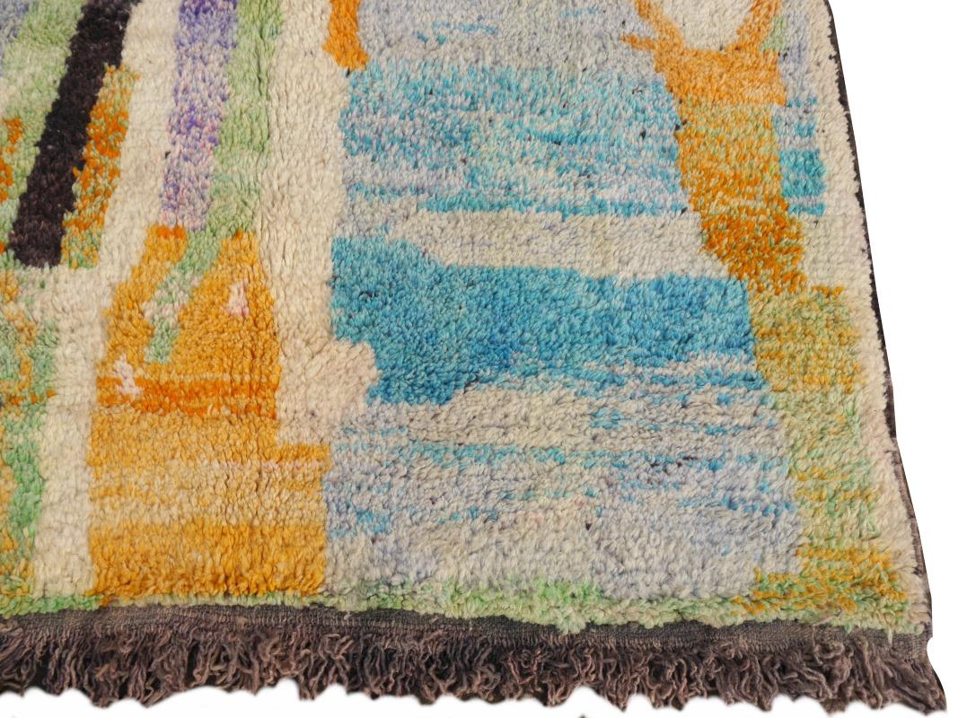 Hand-Knotted Moroccan Berber Rug Abstract Design Pink Wool White Blue Beige Vintage