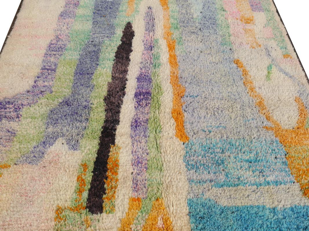 Contemporary Moroccan Berber Rug Abstract Design Pink Wool White Blue Beige Vintage