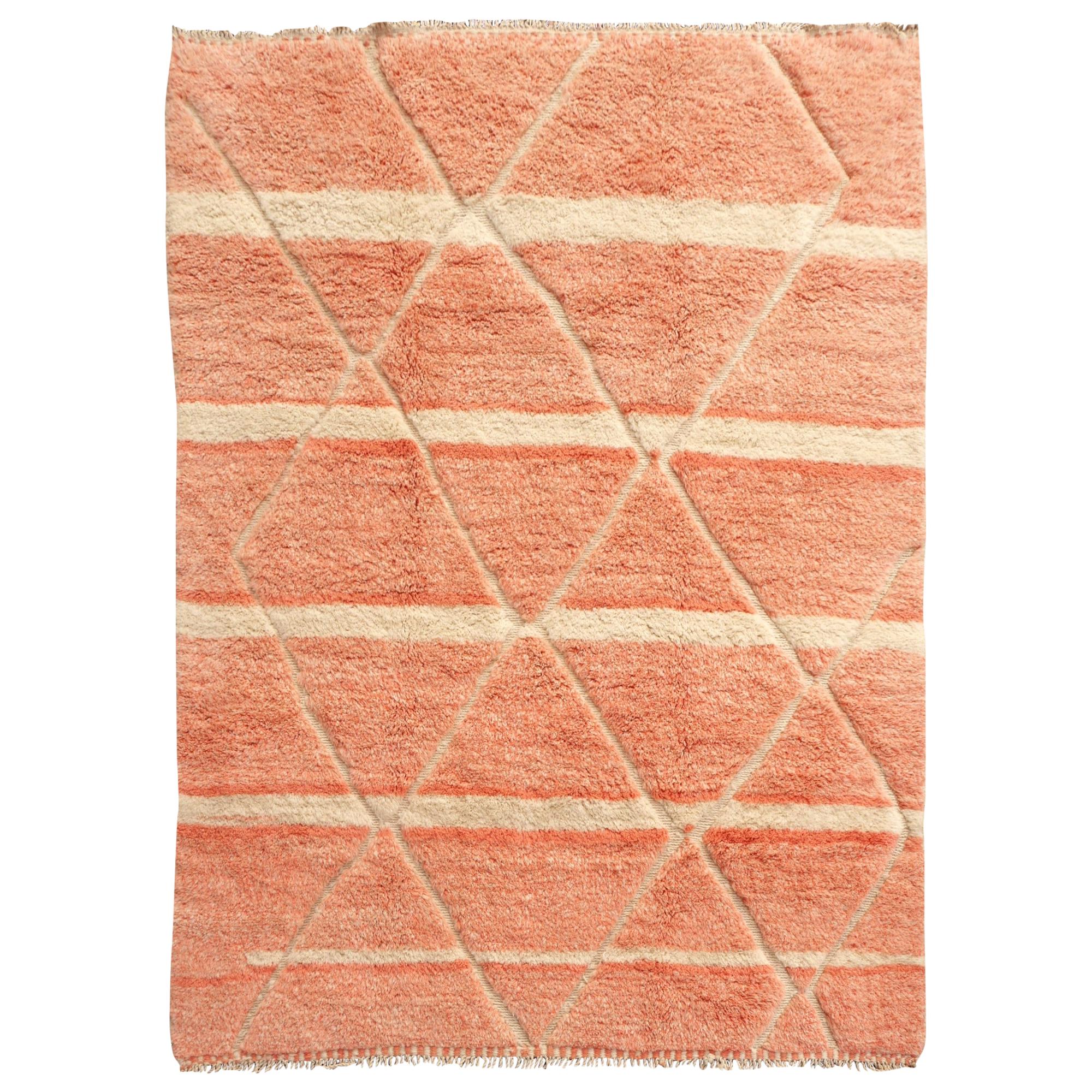 Moroccan Berber Rug Abstract Design Salmon Pink Woolwhite Stunning Quality