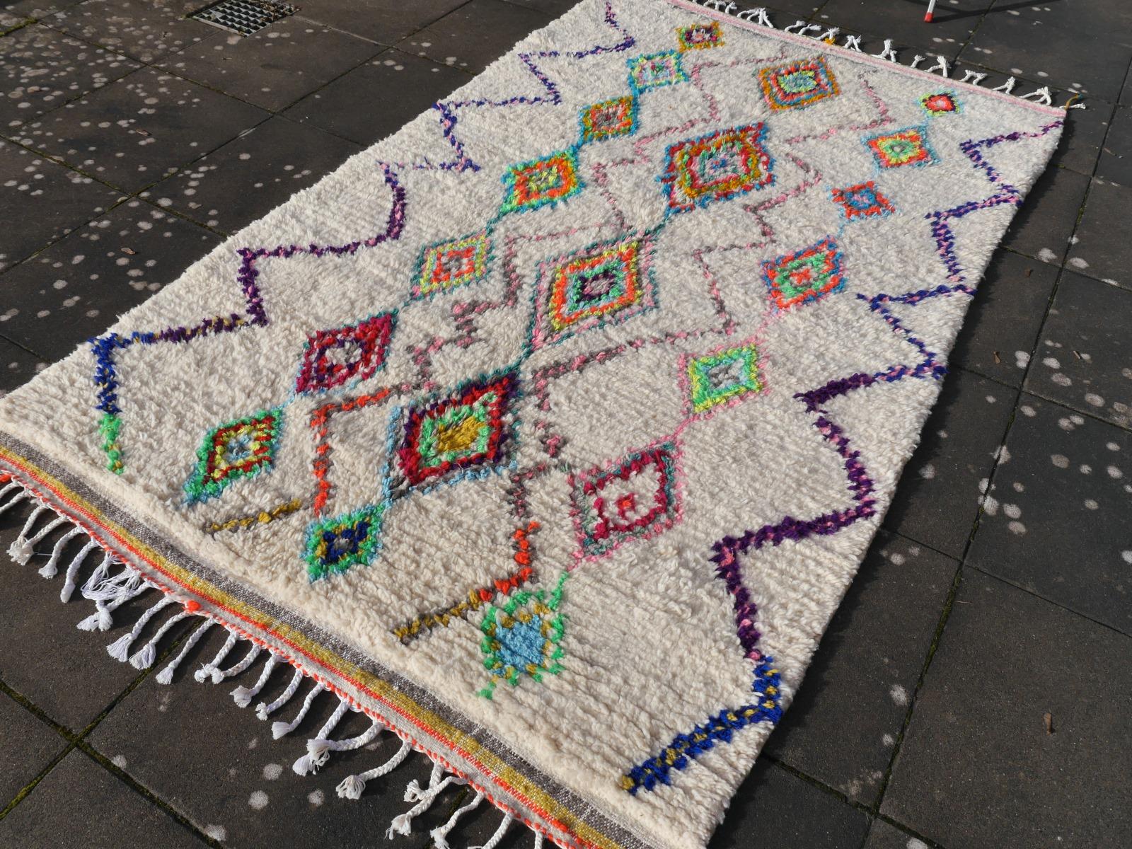 Moroccan Berber Rug Azilal Diamond Design Beige Pink Orange Blue 7