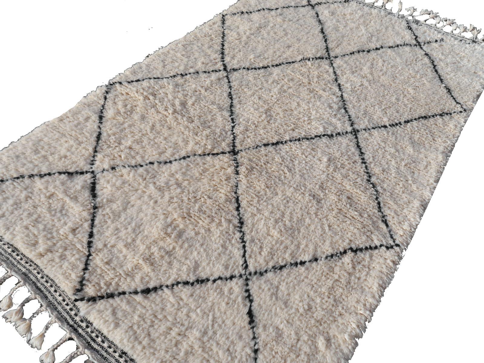 Hand-Knotted Moroccan Berber Rug Beni Ourain Diamond Design White Black Colors