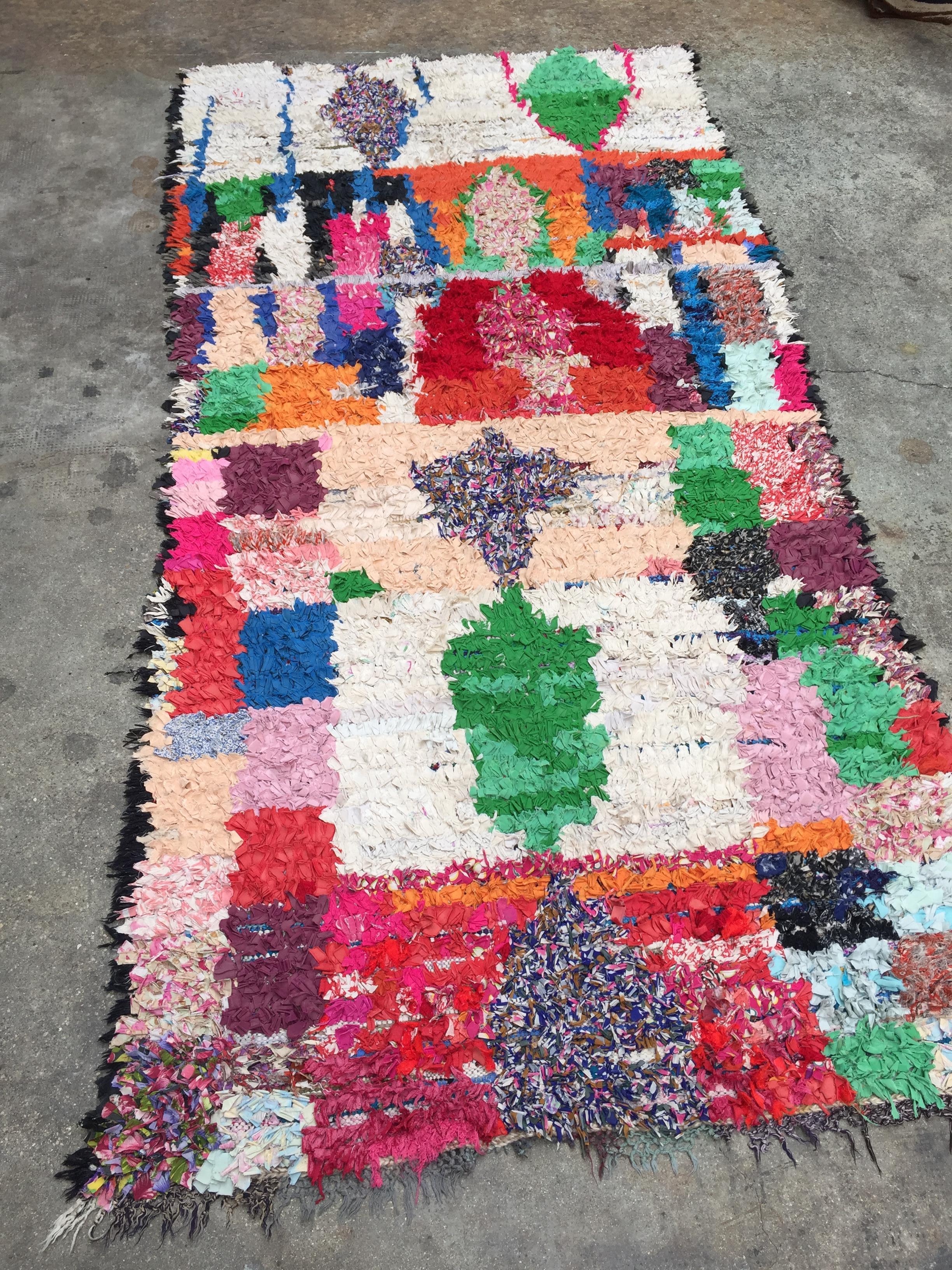 Moroccan Boucherouite, rag rug
Measures: 275 x 120 cm // 9 x 4 ft.
Hand-knotted fabrics
One of a kind tribal piece
1990s.
    