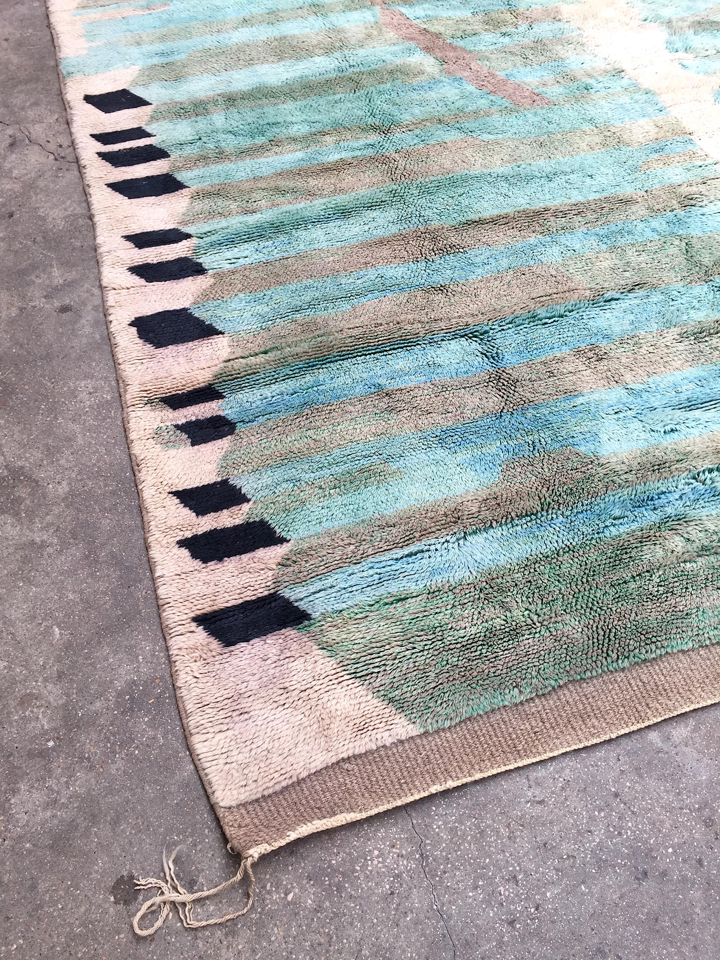 Hand-Knotted Moroccan Berber Rug, Middle Atlas Carpet, Green Blue and Grey Wool, Contemporary