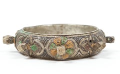 Moroccan Berber Silver Bracelet with Green and Orange Enamel