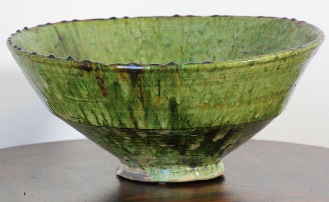 Moroccan Berber Tamgroute Terracotta Green Glazed Bowl For Sale 12