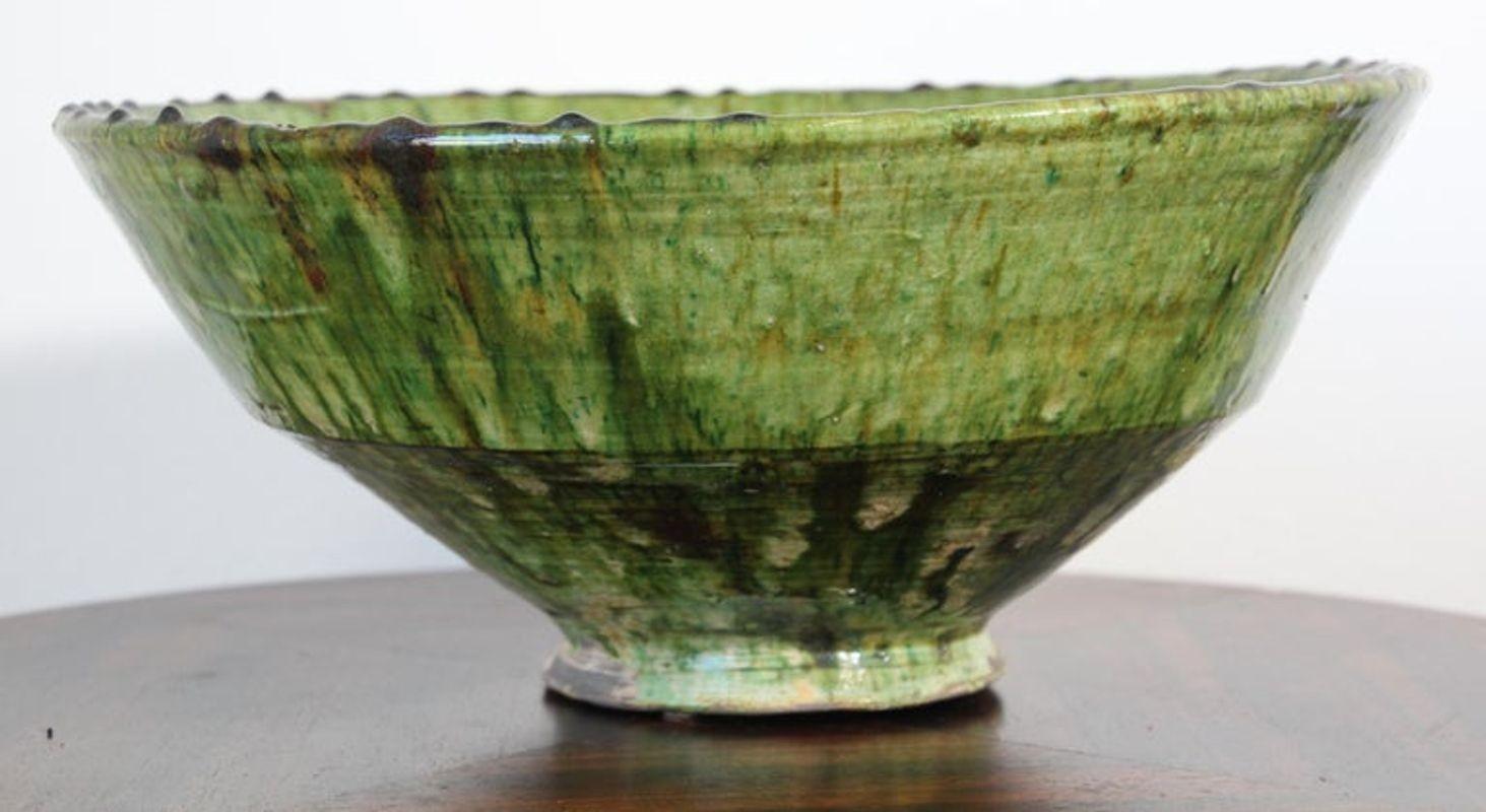 Tribal Moroccan Berber Tamgroute Terracotta Green Glazed Bowl For Sale