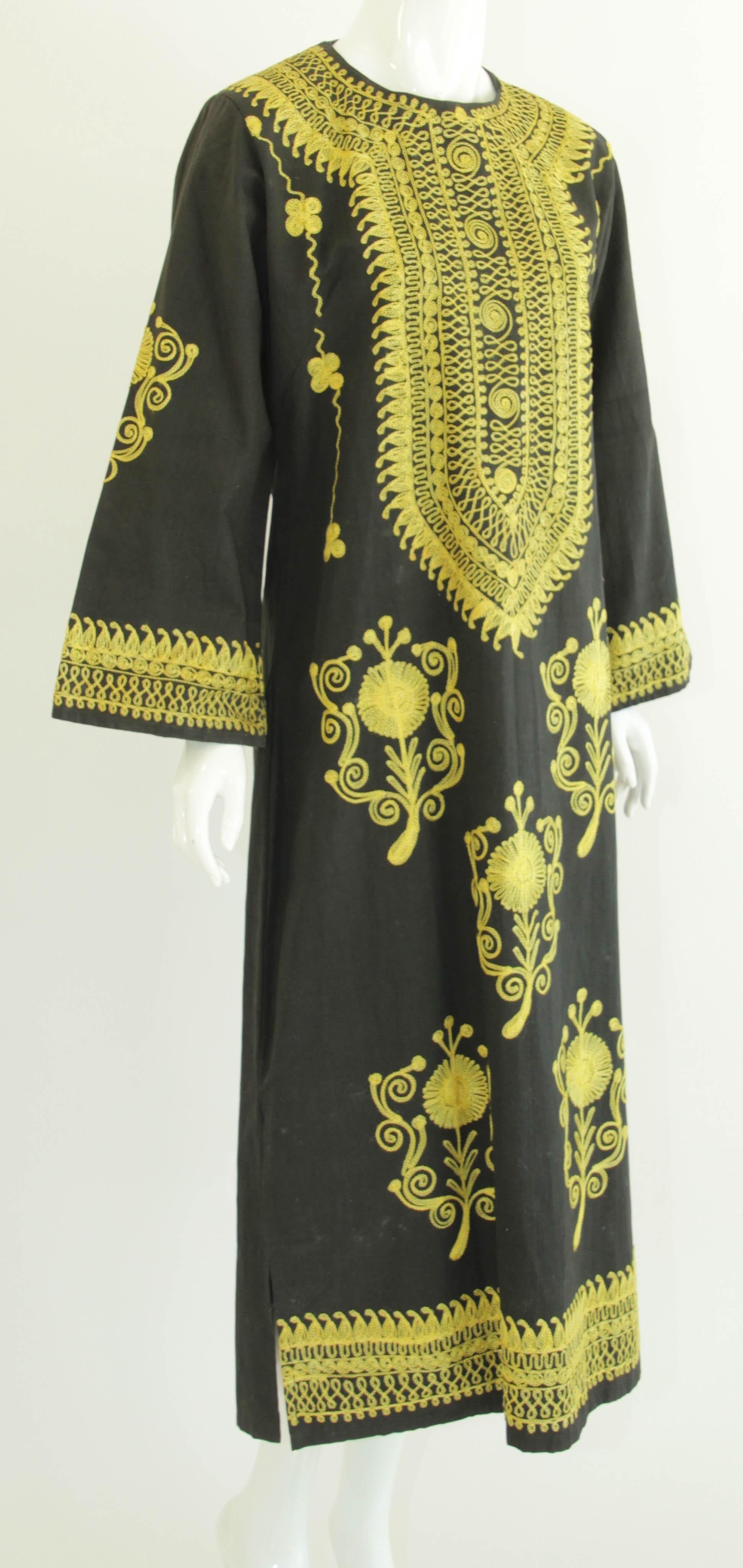 Women's or Men's Black and Gold Caftan, 1970 Dress Vintage Ethnic Kuchi Kaftan For Sale
