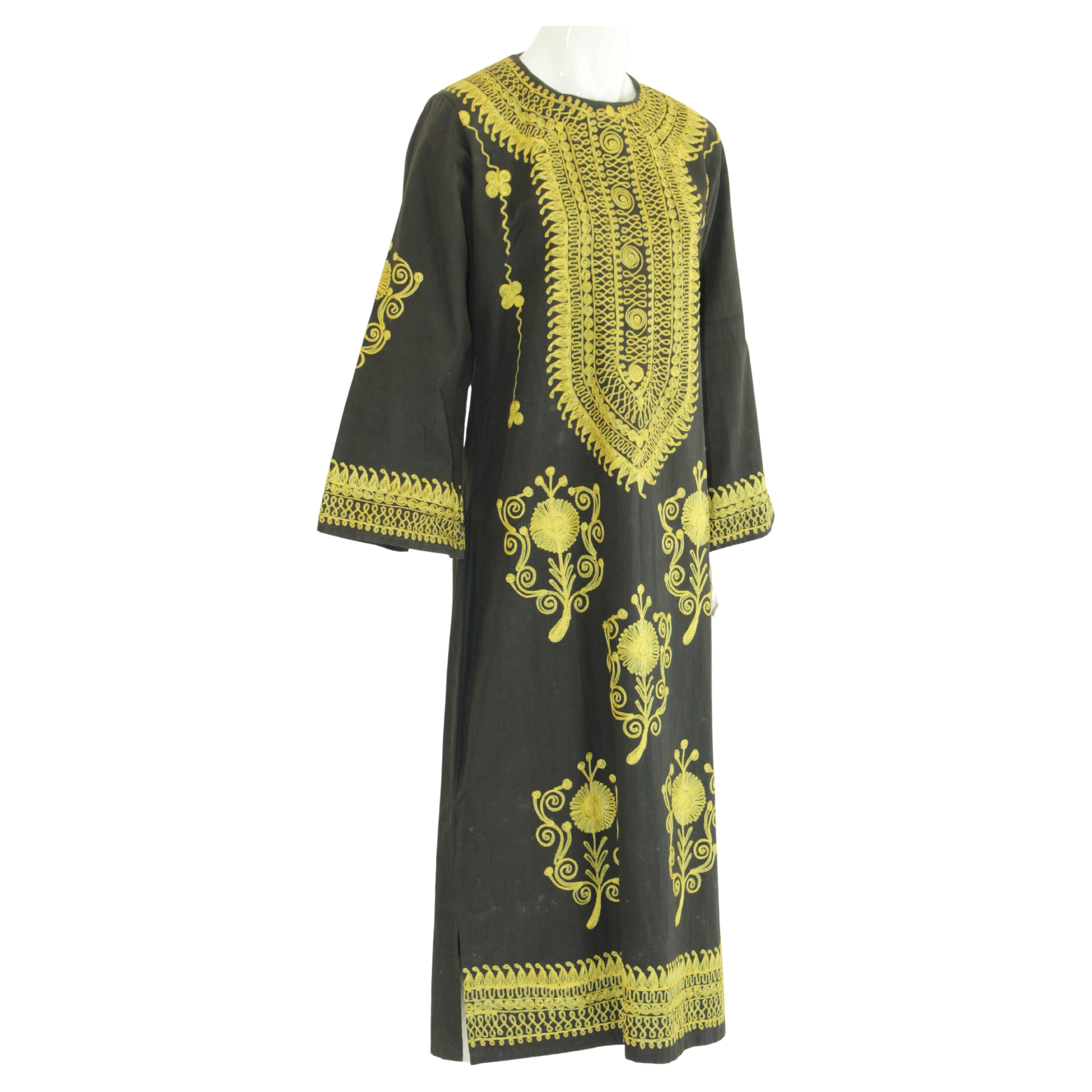 Black and Gold Caftan, 1970 Dress Vintage Ethnic Kuchi Kaftan For Sale