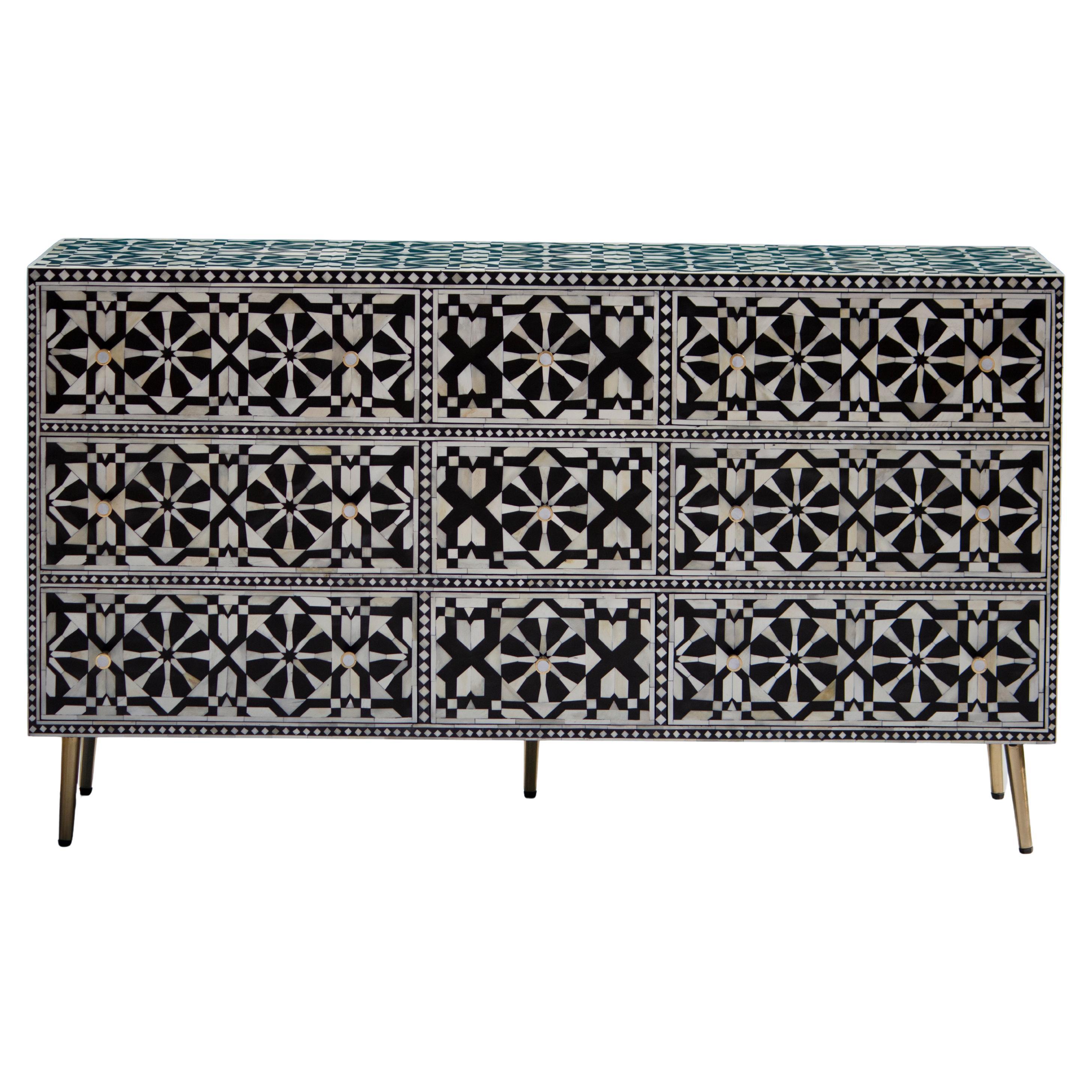 Moroccan Black Bone Inlay 9 Drawer Dresser, Chest of Drawers by House of Jaipur