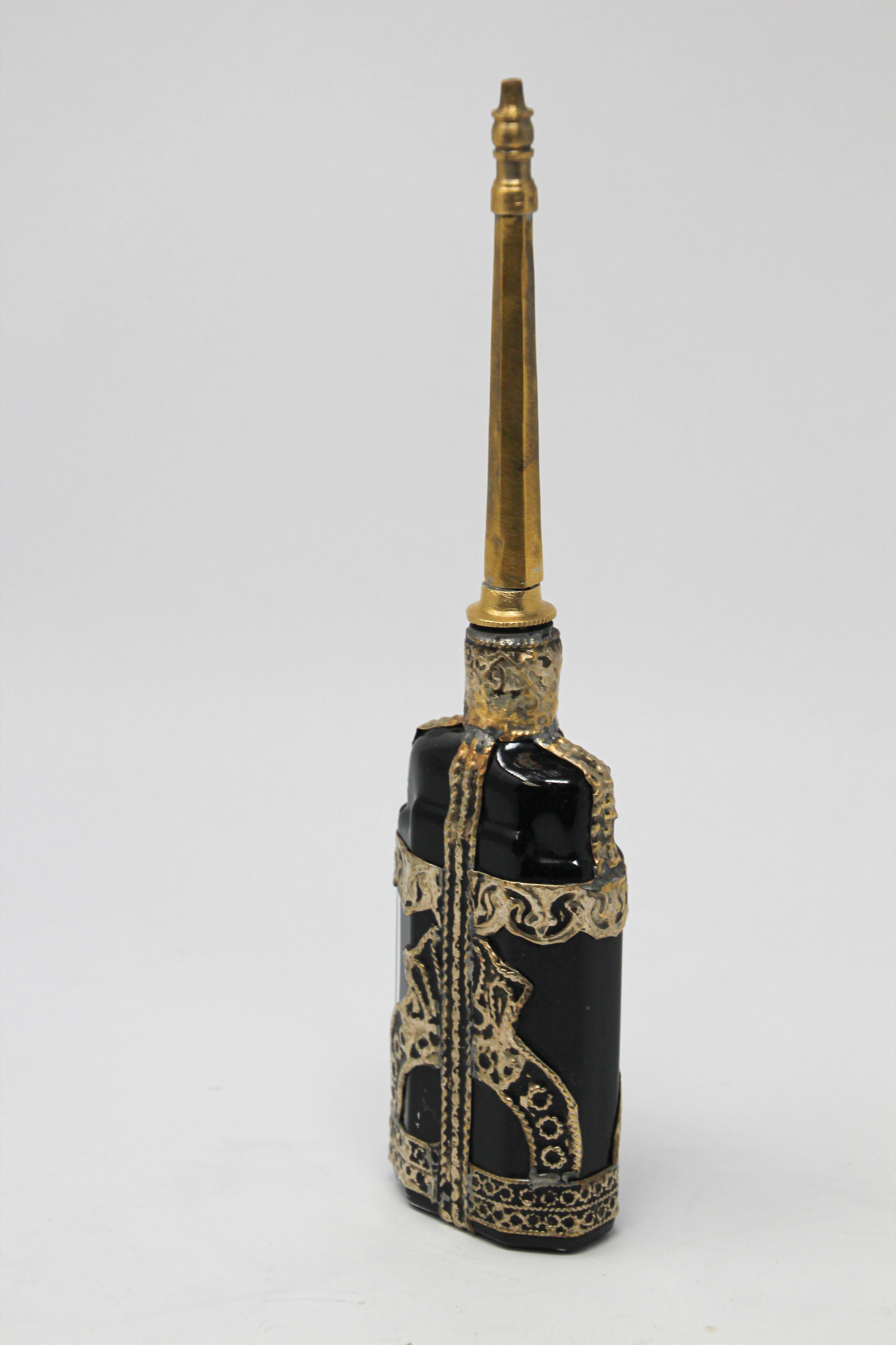 Moroccan Black Glass Perfume Bottle Sprinkler with Metal Overlay 1