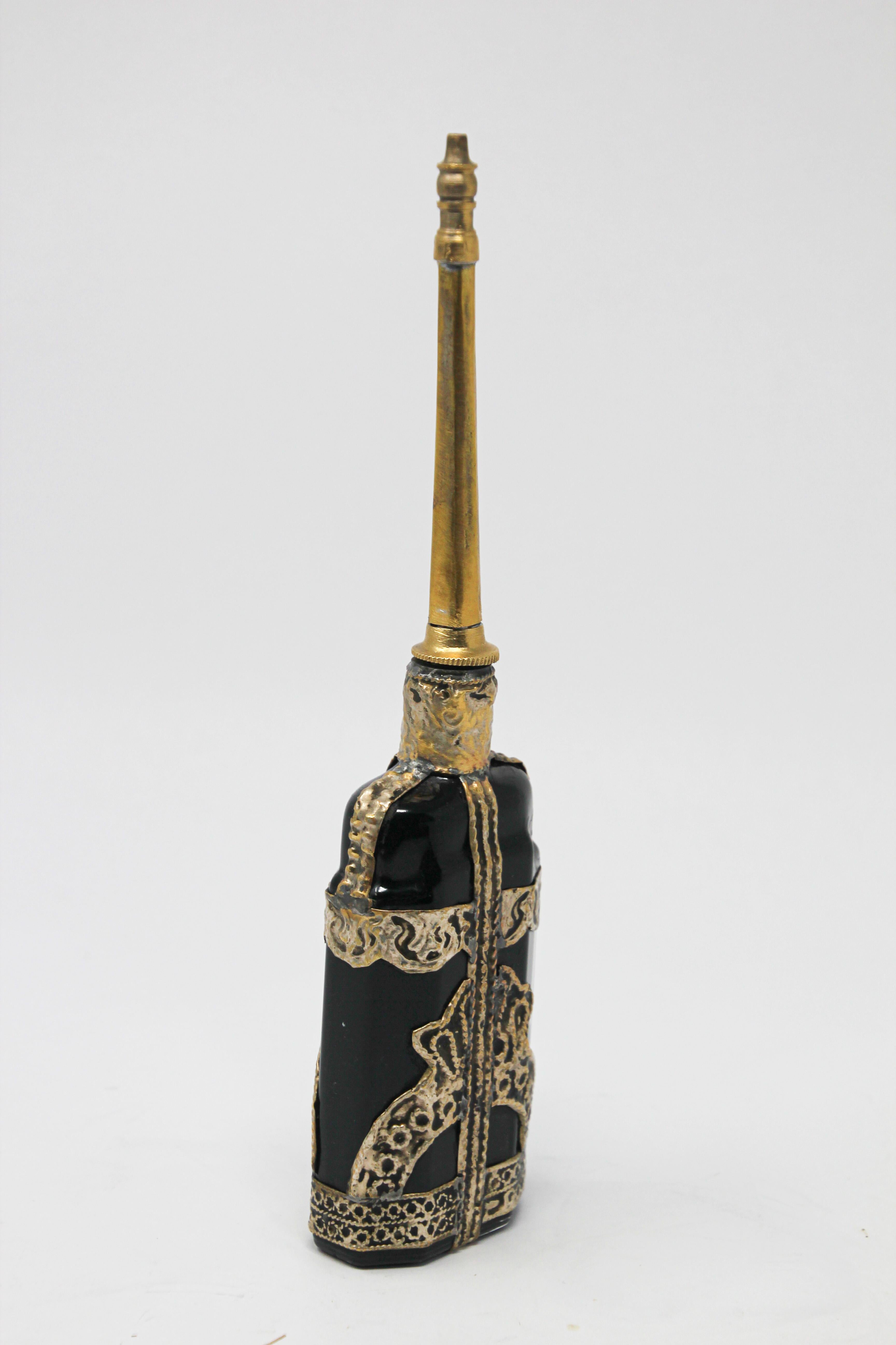 Moroccan Black Glass Perfume Bottle Sprinkler with Metal Overlay 2