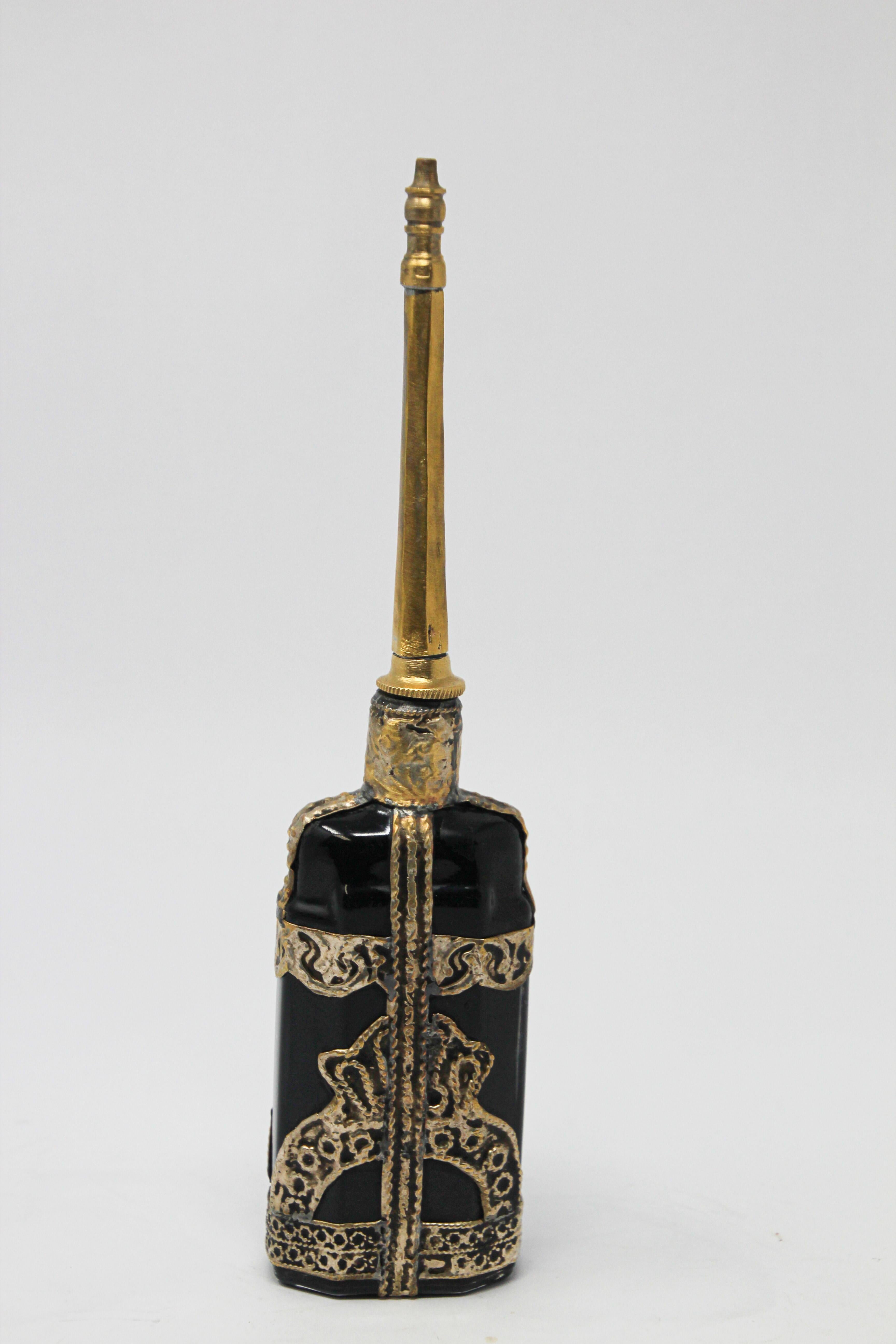Moroccan Black Glass Perfume Bottle Sprinkler with Metal Overlay 3