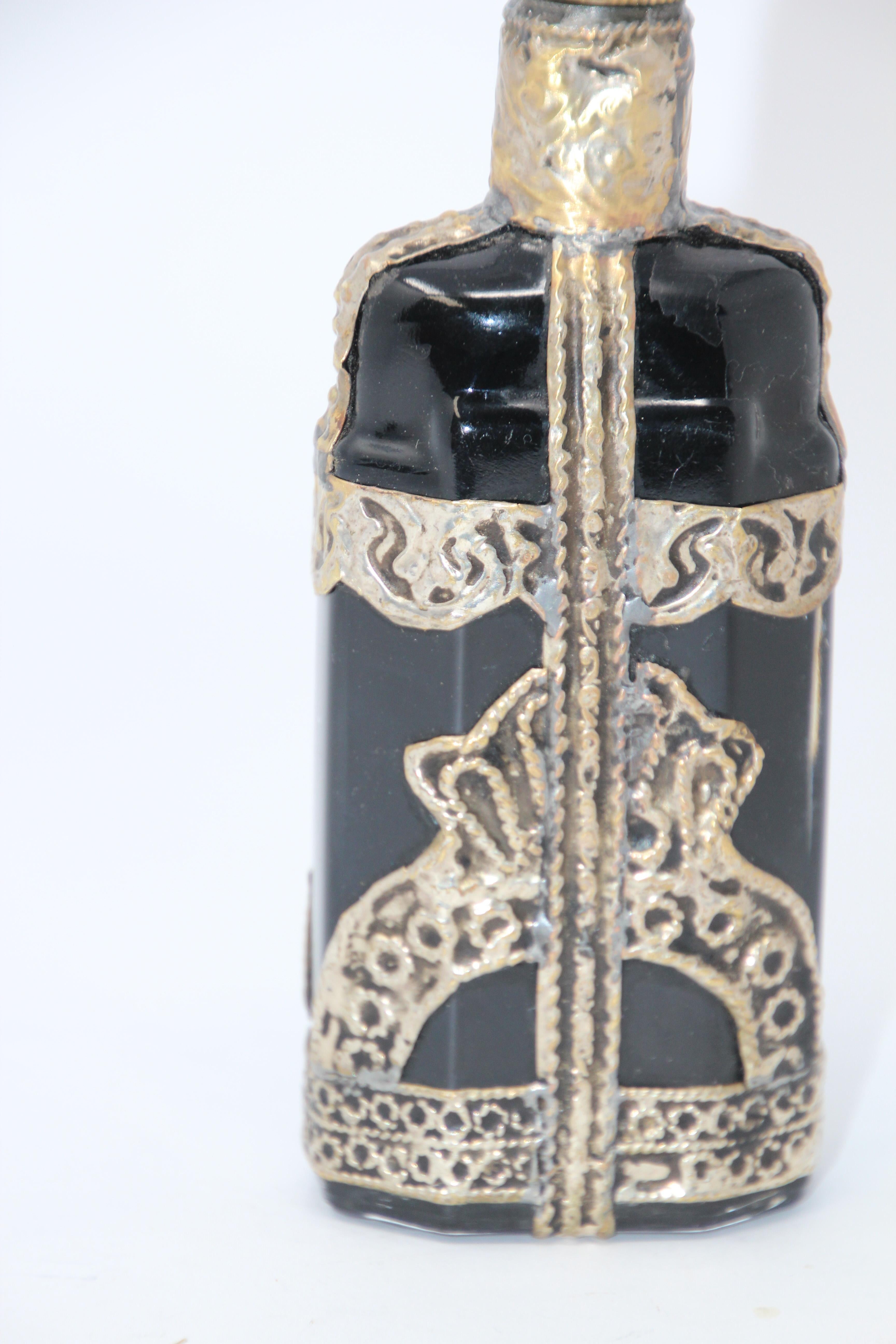 Moroccan Black Glass Perfume Bottle Sprinkler with Metal Overlay 4