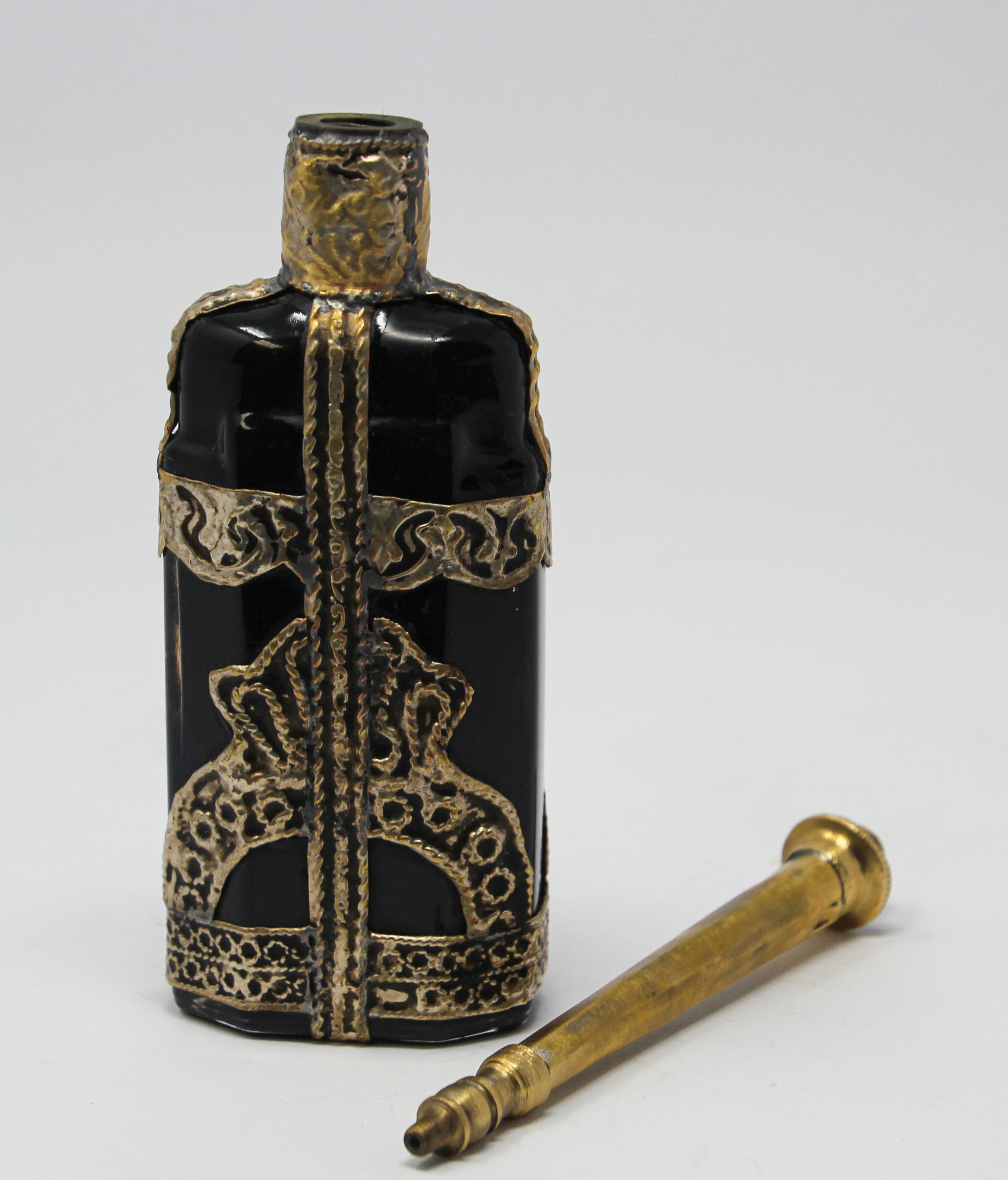 Moroccan Black Glass Perfume Bottle Sprinkler with Metal Overlay 5