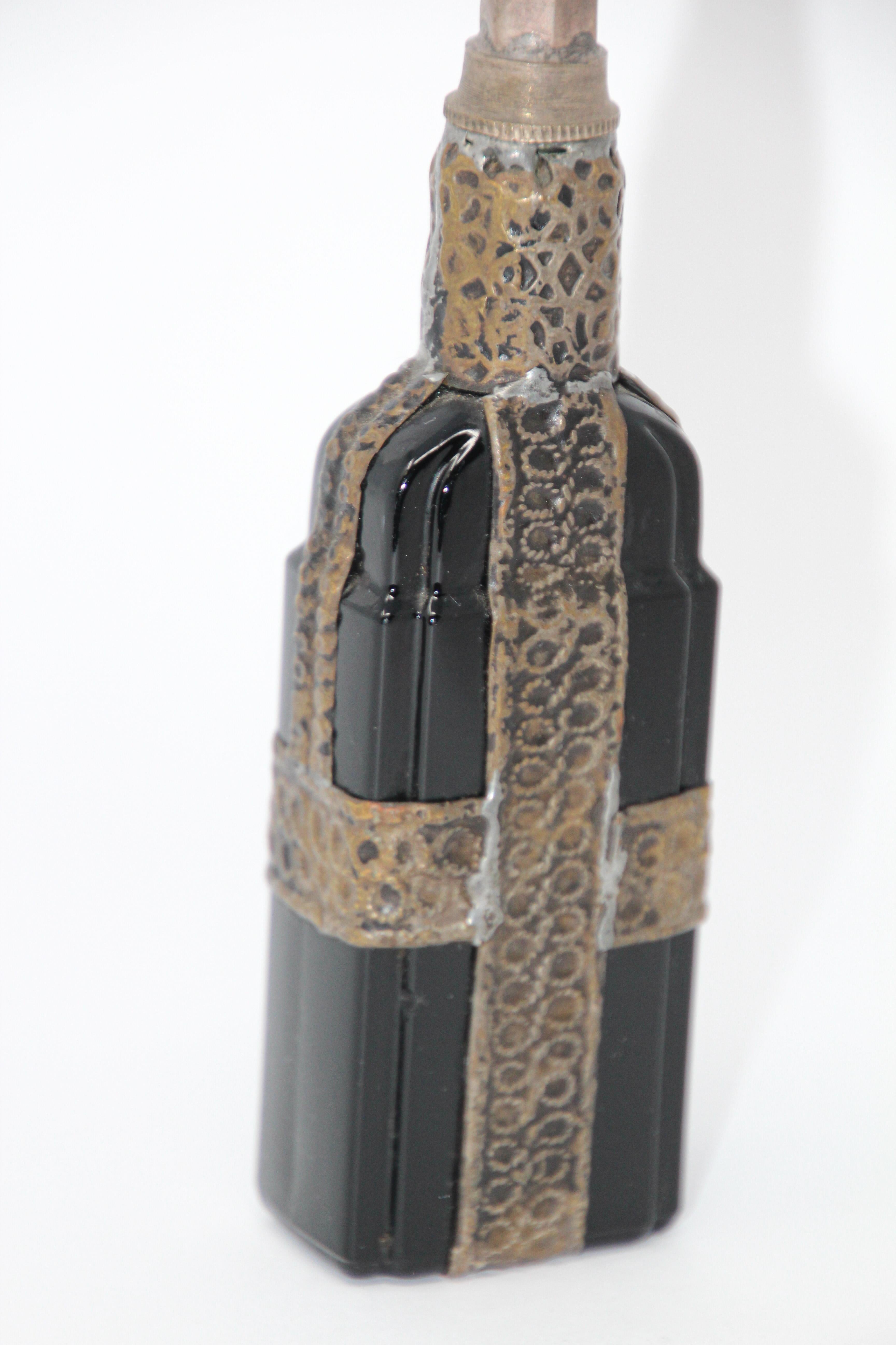 Moorish Moroccan Black Glass Perfume Bottle Sprinkler with Metal Overlay