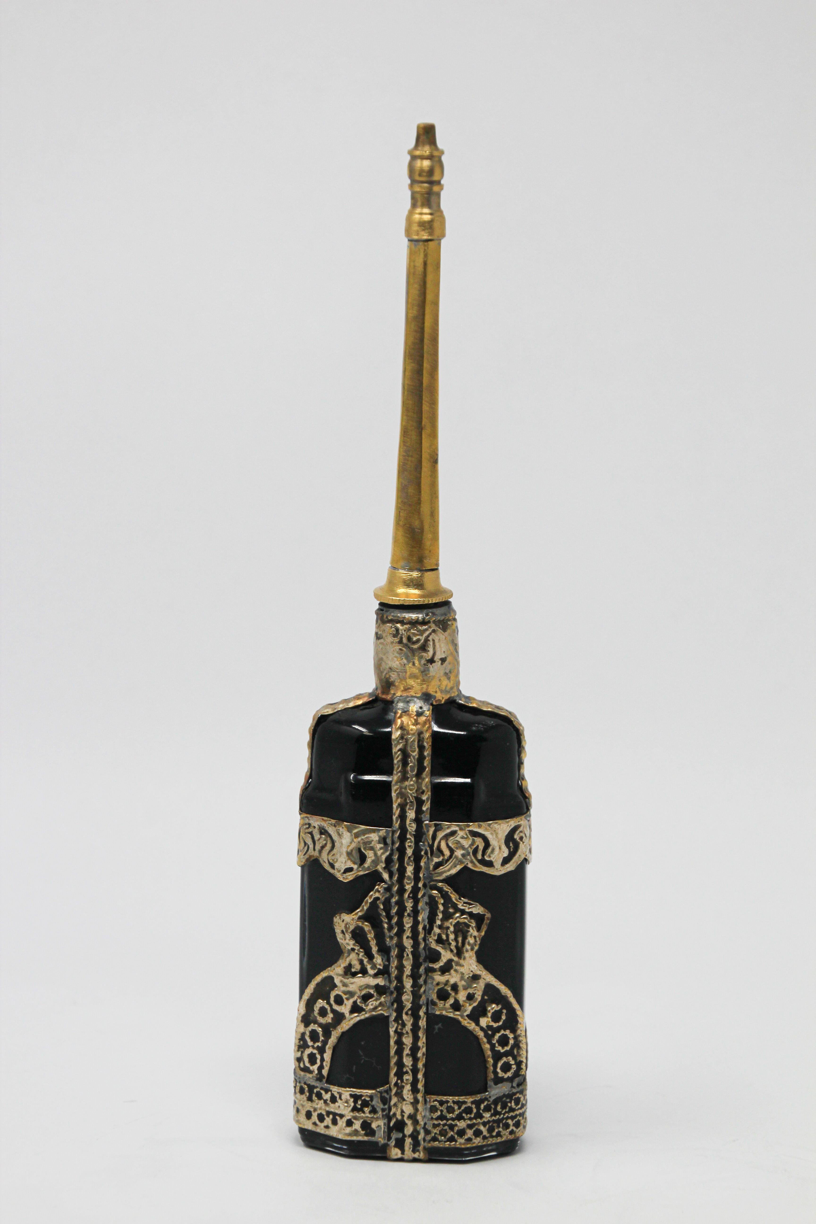 20th Century Moroccan Black Glass Perfume Bottle Sprinkler with Metal Overlay
