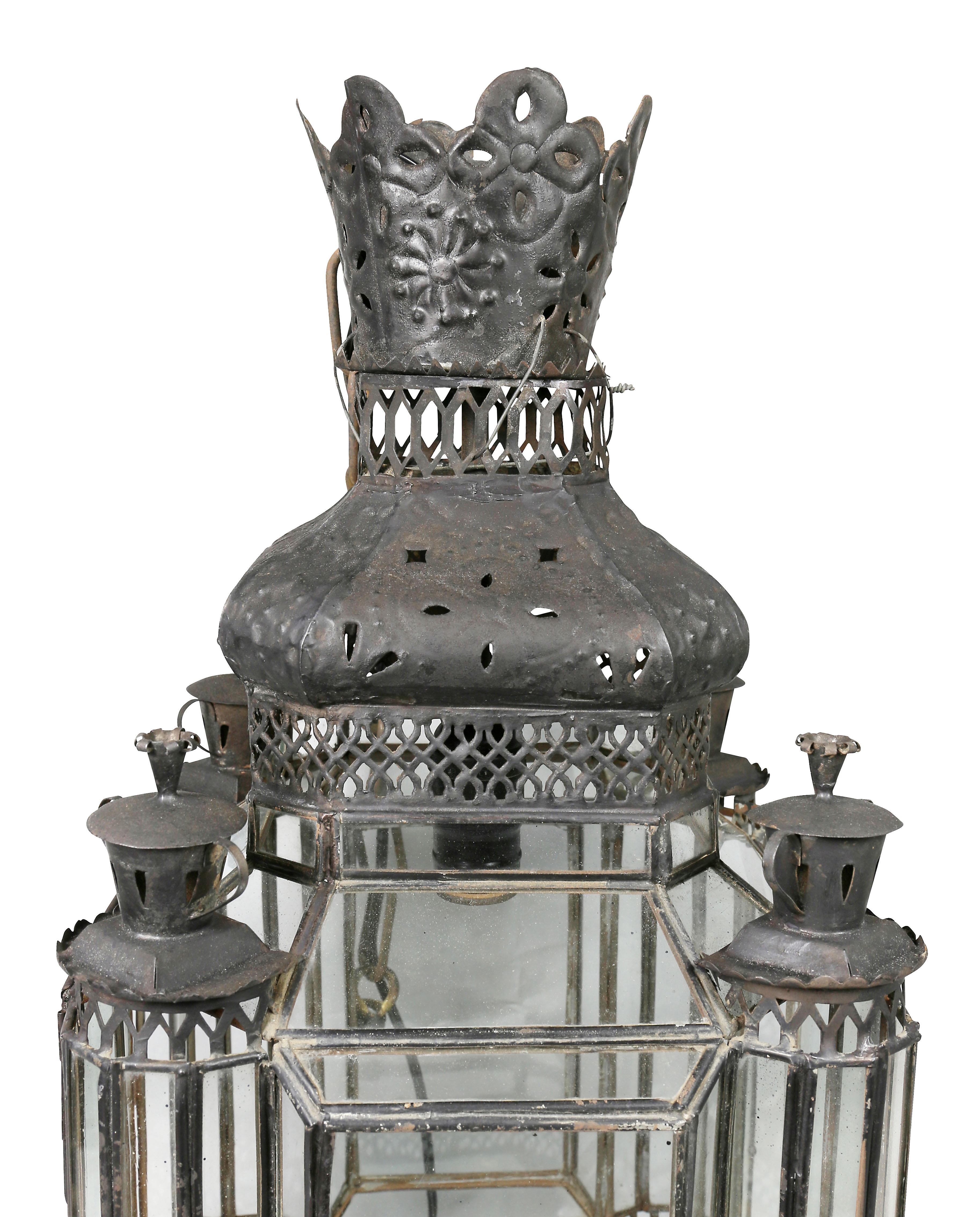 Arts and Crafts Moroccan Black Painted Tole Hall Lantern For Sale