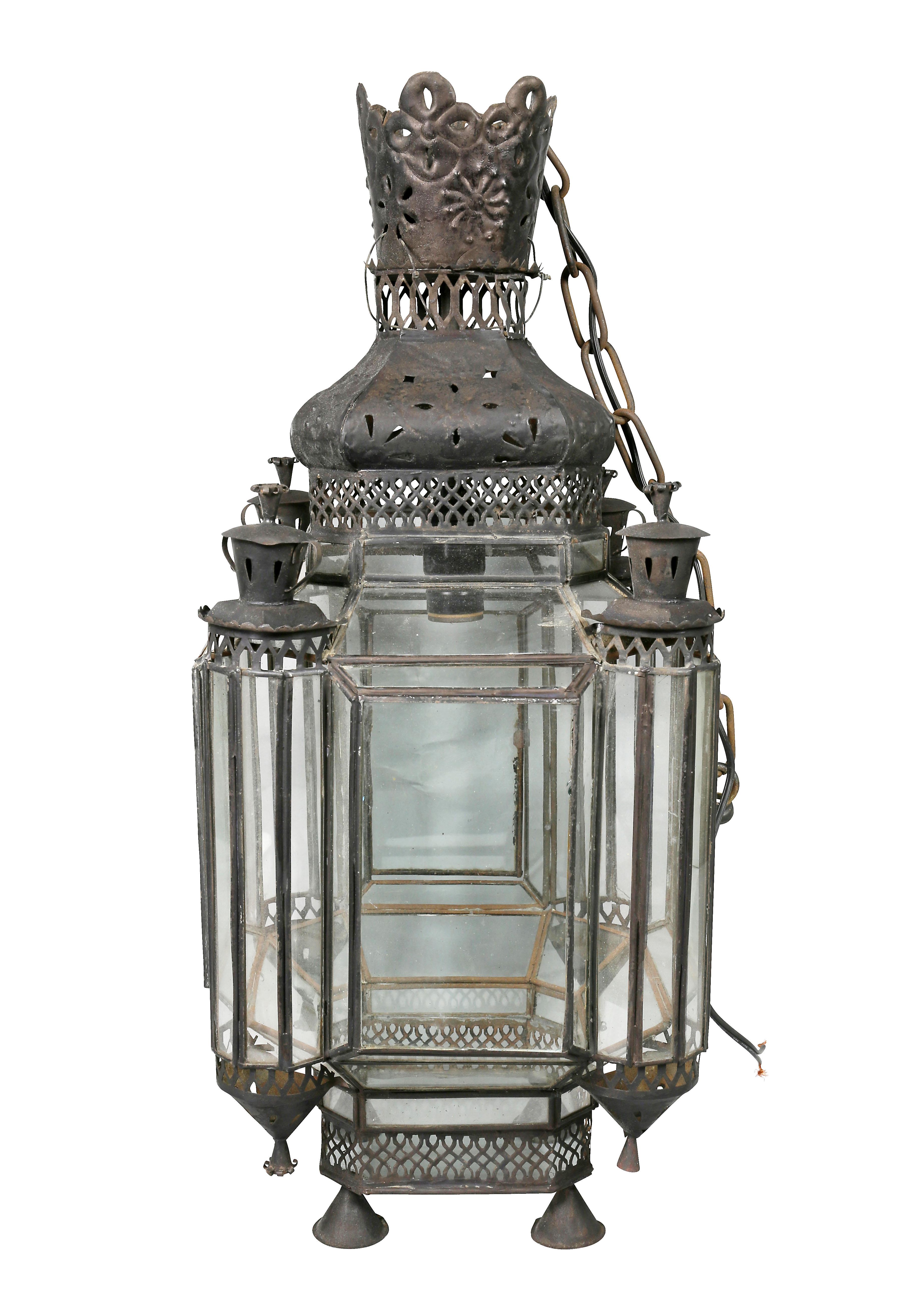 Late 19th Century Moroccan Black Painted Tole Hall Lantern For Sale