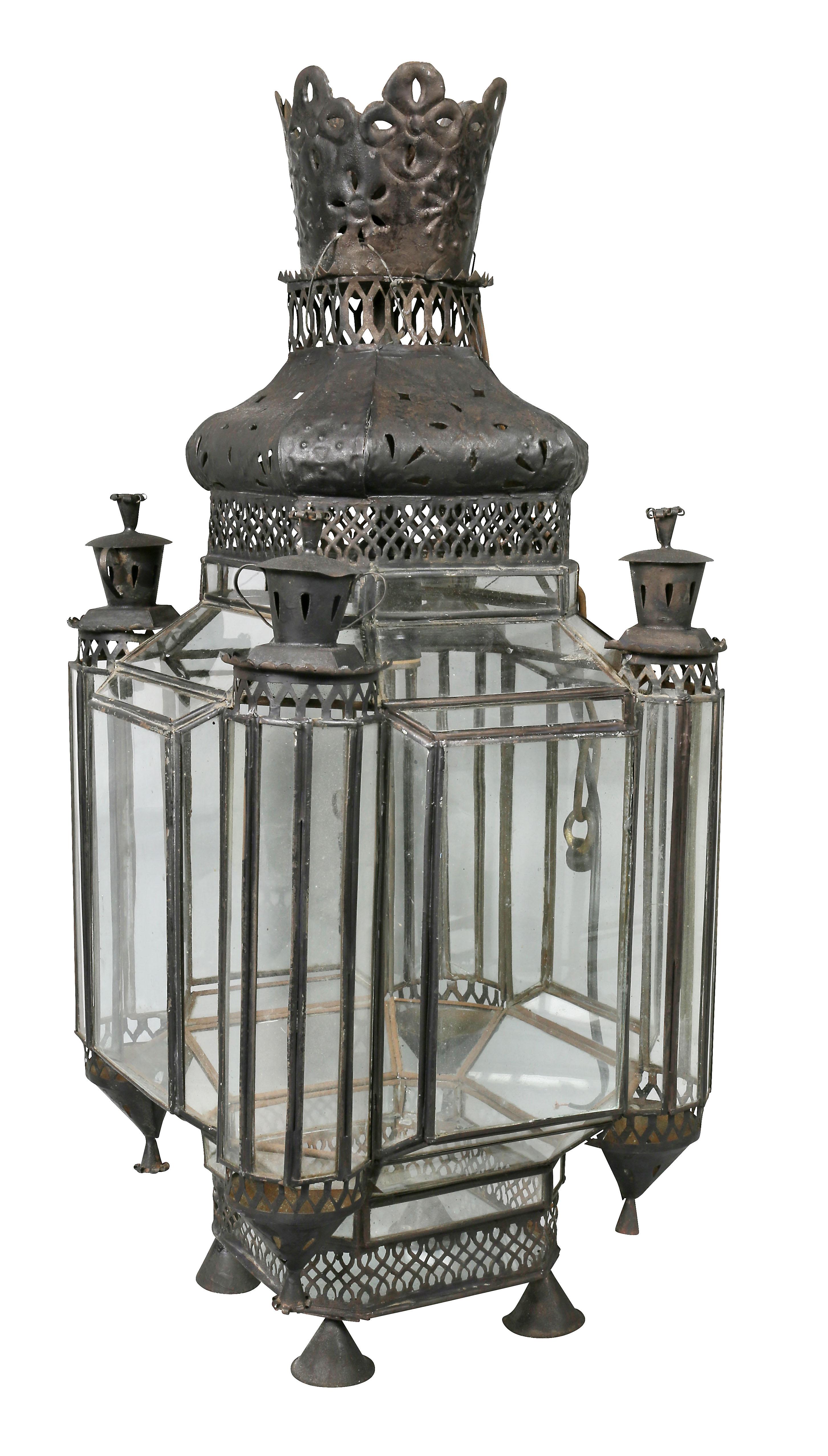 Tôle Moroccan Black Painted Tole Hall Lantern For Sale