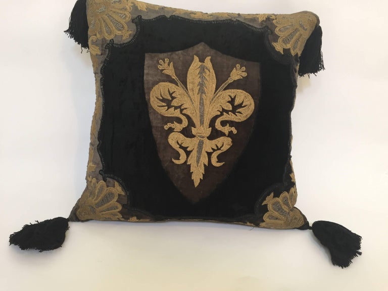 Moroccan Black Silk Decorative Pillow With Gold Metallic Threads