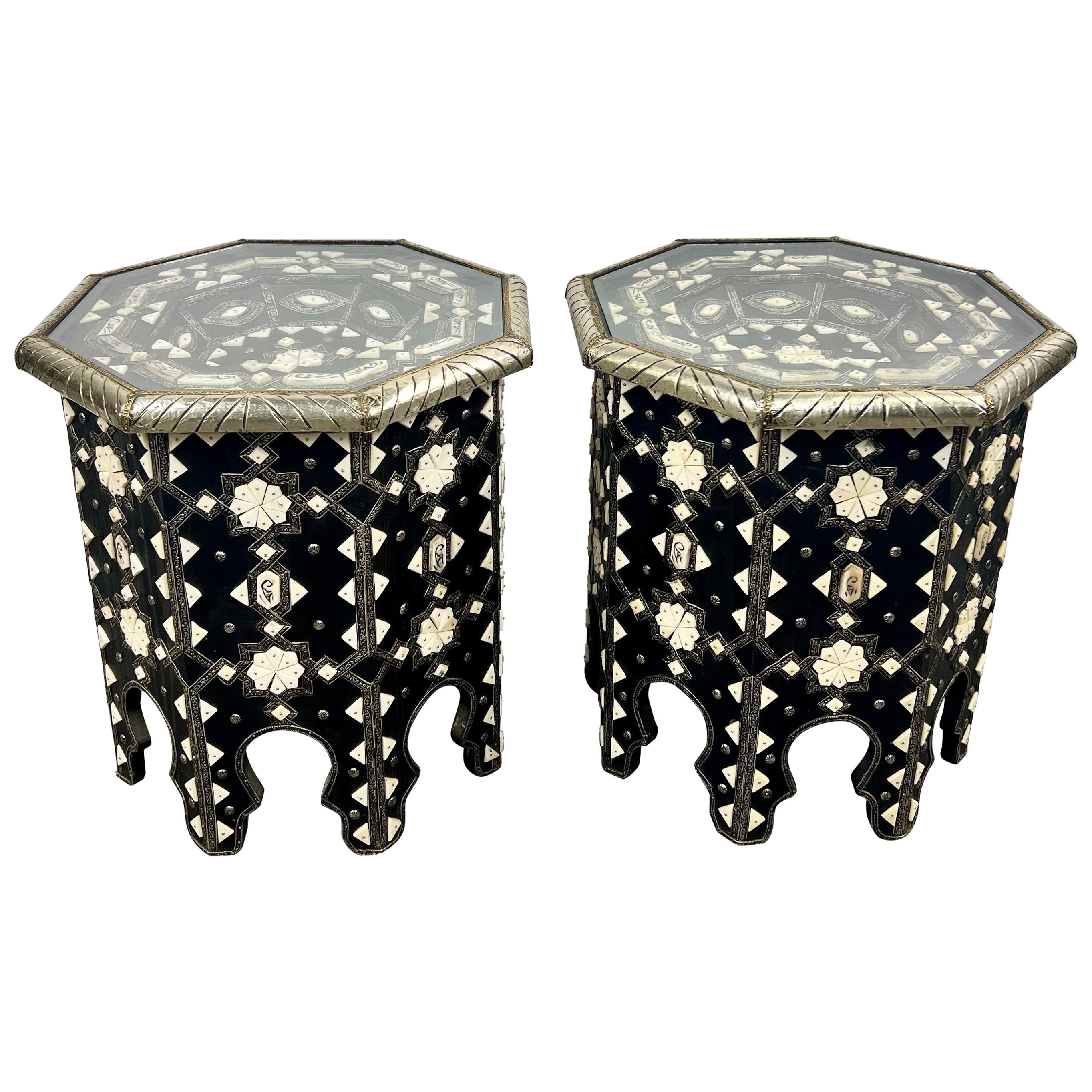 Moroccan Black & White Bone with Filigree Inlay Octagonal End Table, a Pair
