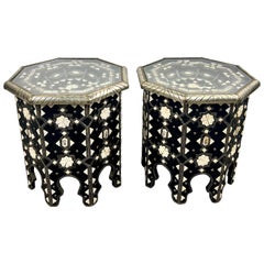 Moroccan Black & White Bone with Filigree Inlay Octagonal End Table, a Pair