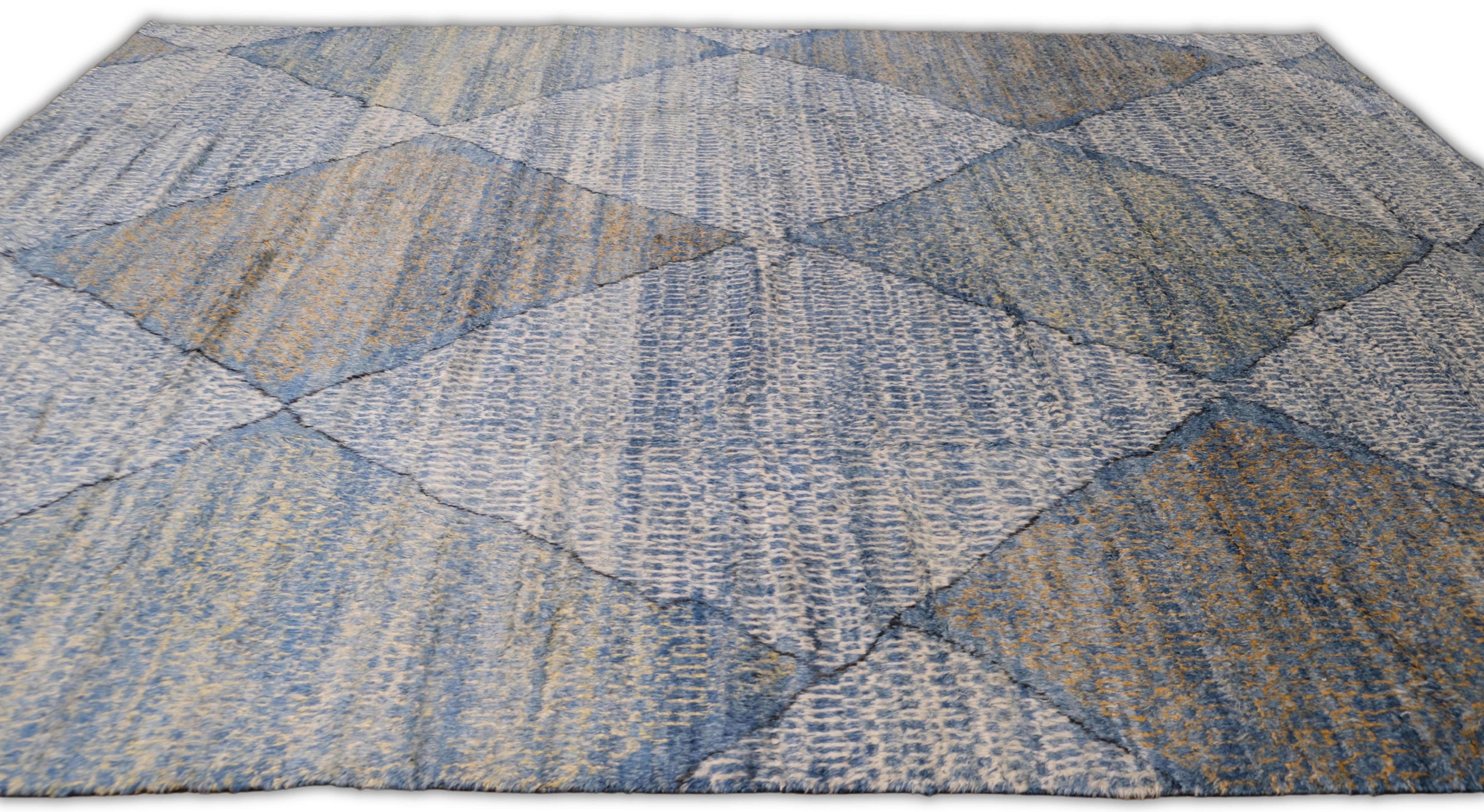 Alfombra marroquí de lana con estampado de diamantes azul y marrón marfil 9'4''x12'3'' Moderno en venta
