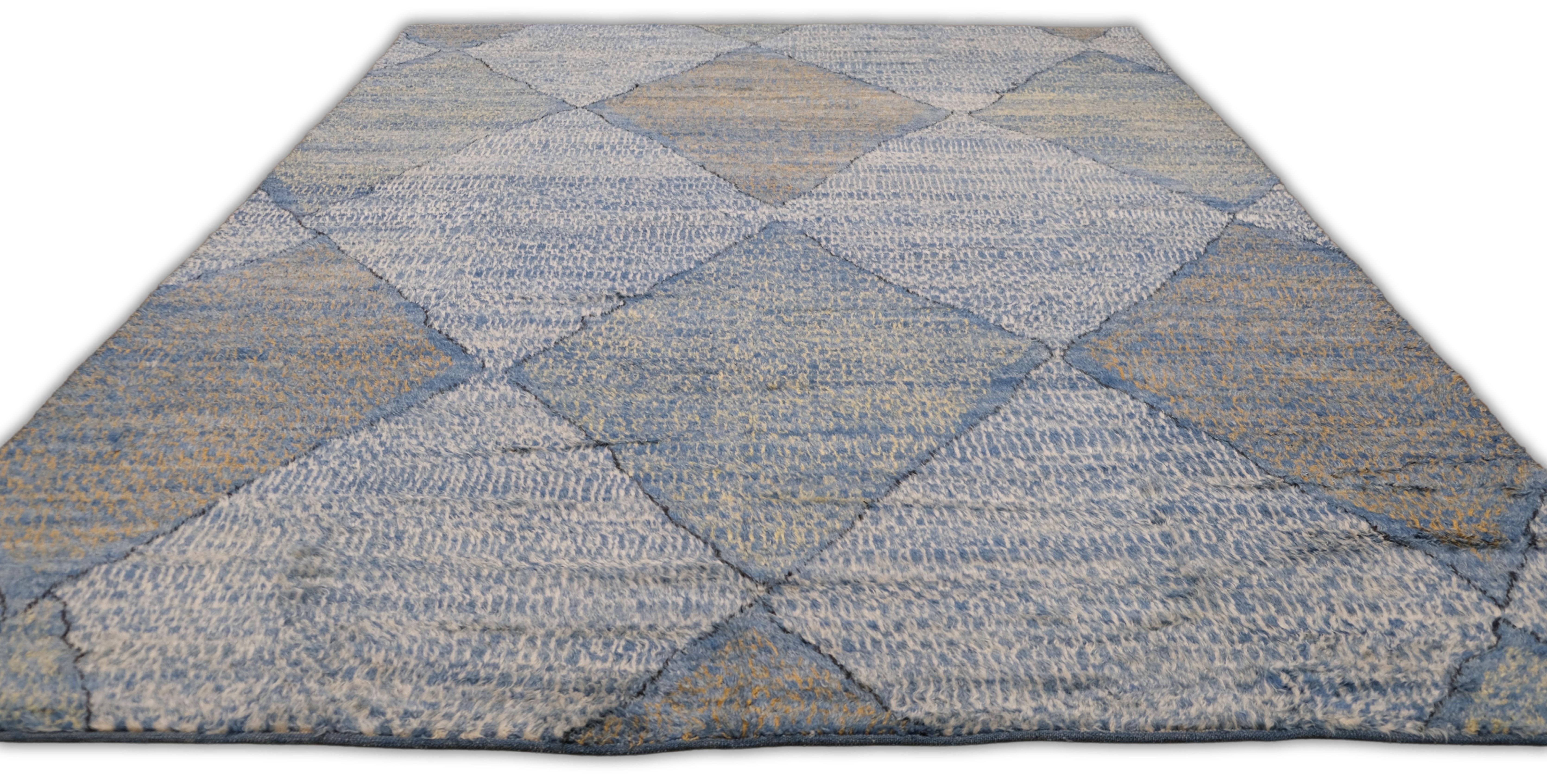 Alfombra marroquí de lana con estampado de diamantes azul y marrón marfil 9'4''x12'3'' en Nuevo estado para la venta en Torrance, CA