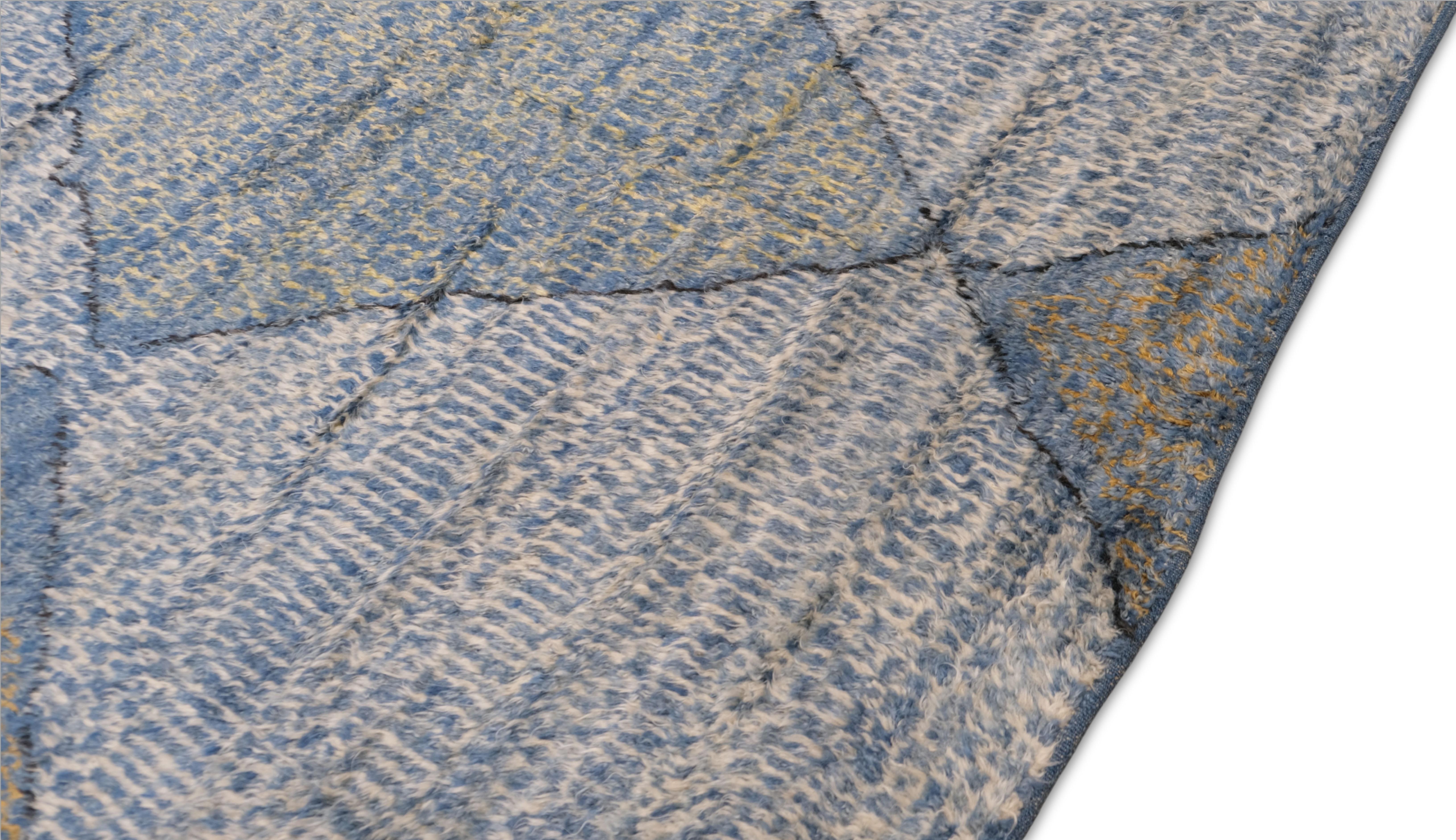 Alfombra marroquí de lana con estampado de diamantes azul y marrón marfil 9'4''x12'3'' Lana en venta