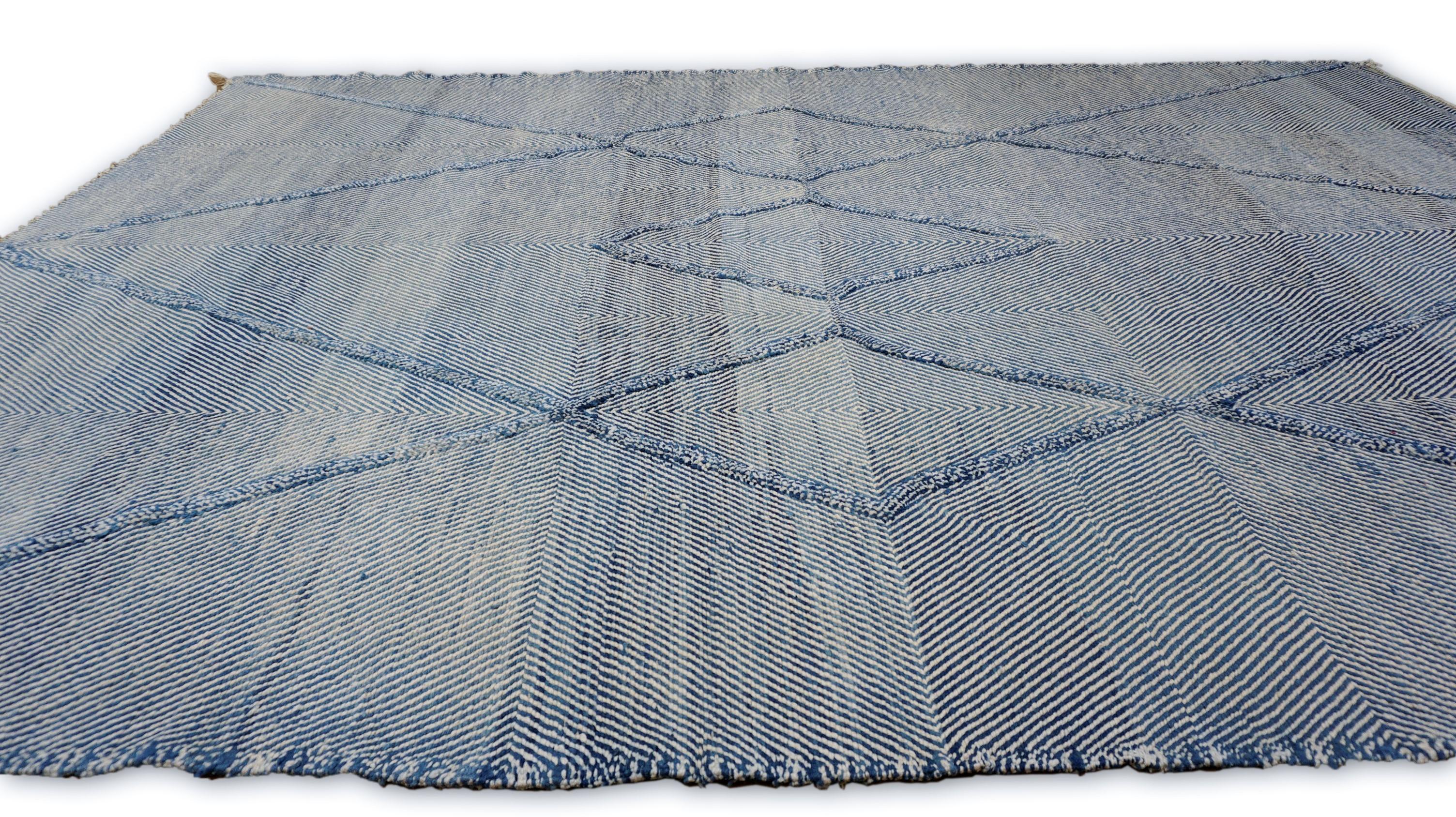 Alfombra Marroquí de Lana Diamante Azul y Marfil 9'3''x13' Moderno en venta