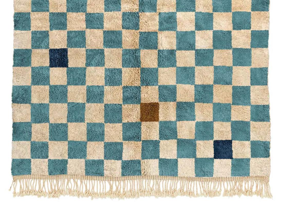 Moroccan Blue Color Beni Mrirt rug 9’x12’, Modern Chess Pattern rug, Custom-made In New Condition For Sale In Marrakech, MA