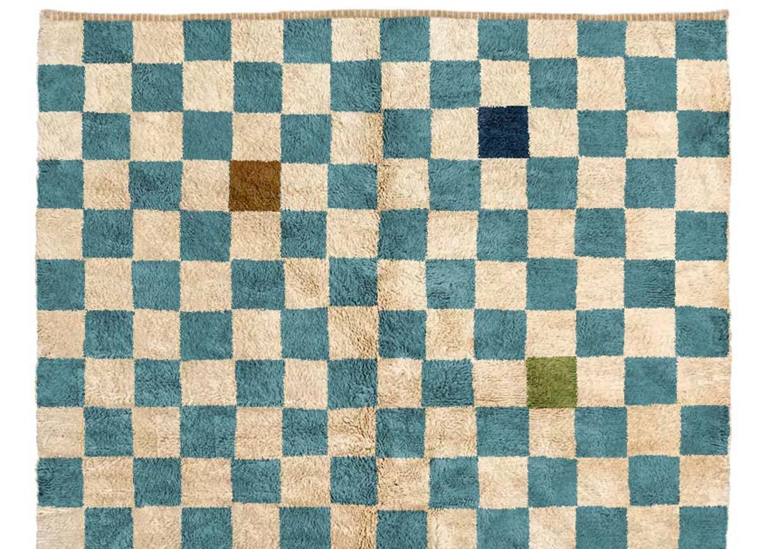 Hand-Knotted Moroccan Blue Color Beni Mrirt rug, Modern Chess Pattern rug, Custom-made For Sale