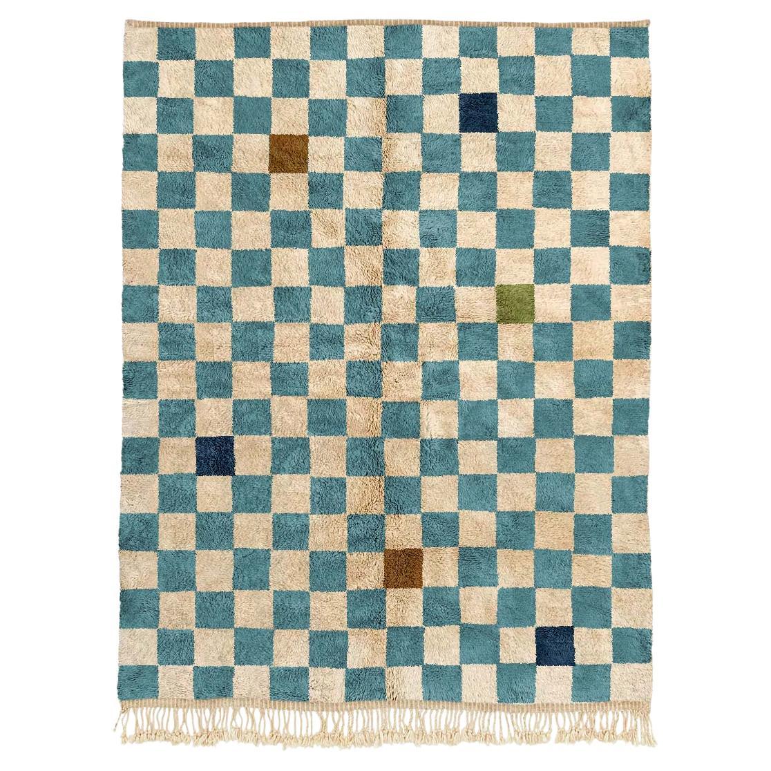 Moroccan Blue Color Beni Mrirt rug, Modern Chess Pattern rug, Custom-made For Sale